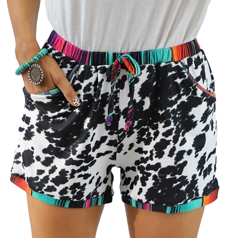 New Shorts Leopard Print Stitching Sports Casual Waist Elastic Shorts Women