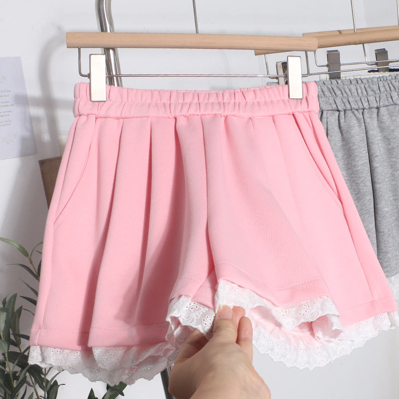 Lace edge elastic waist shorts for women