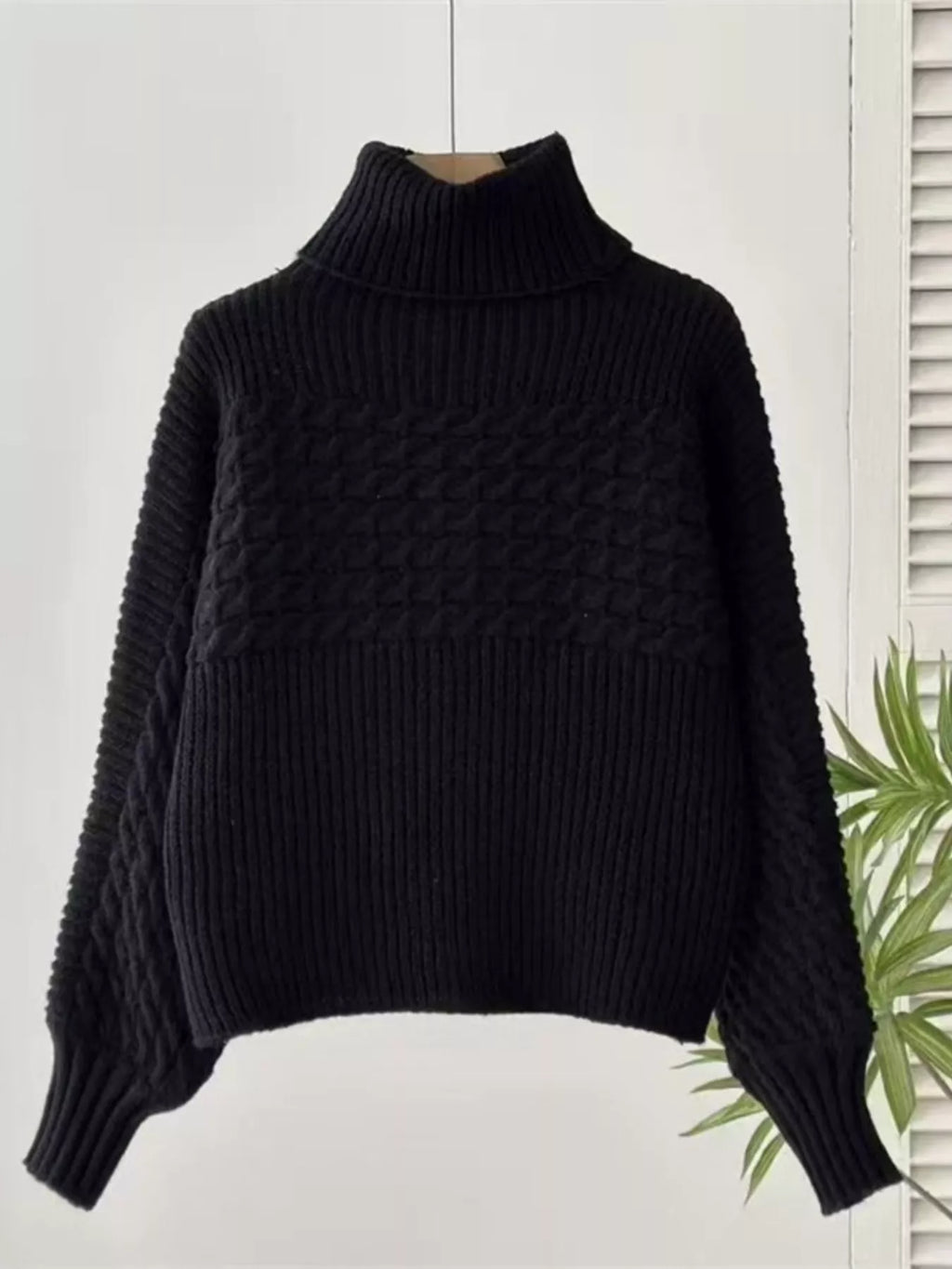 Textured Knit Turtleneck Long Sleeve Sweater