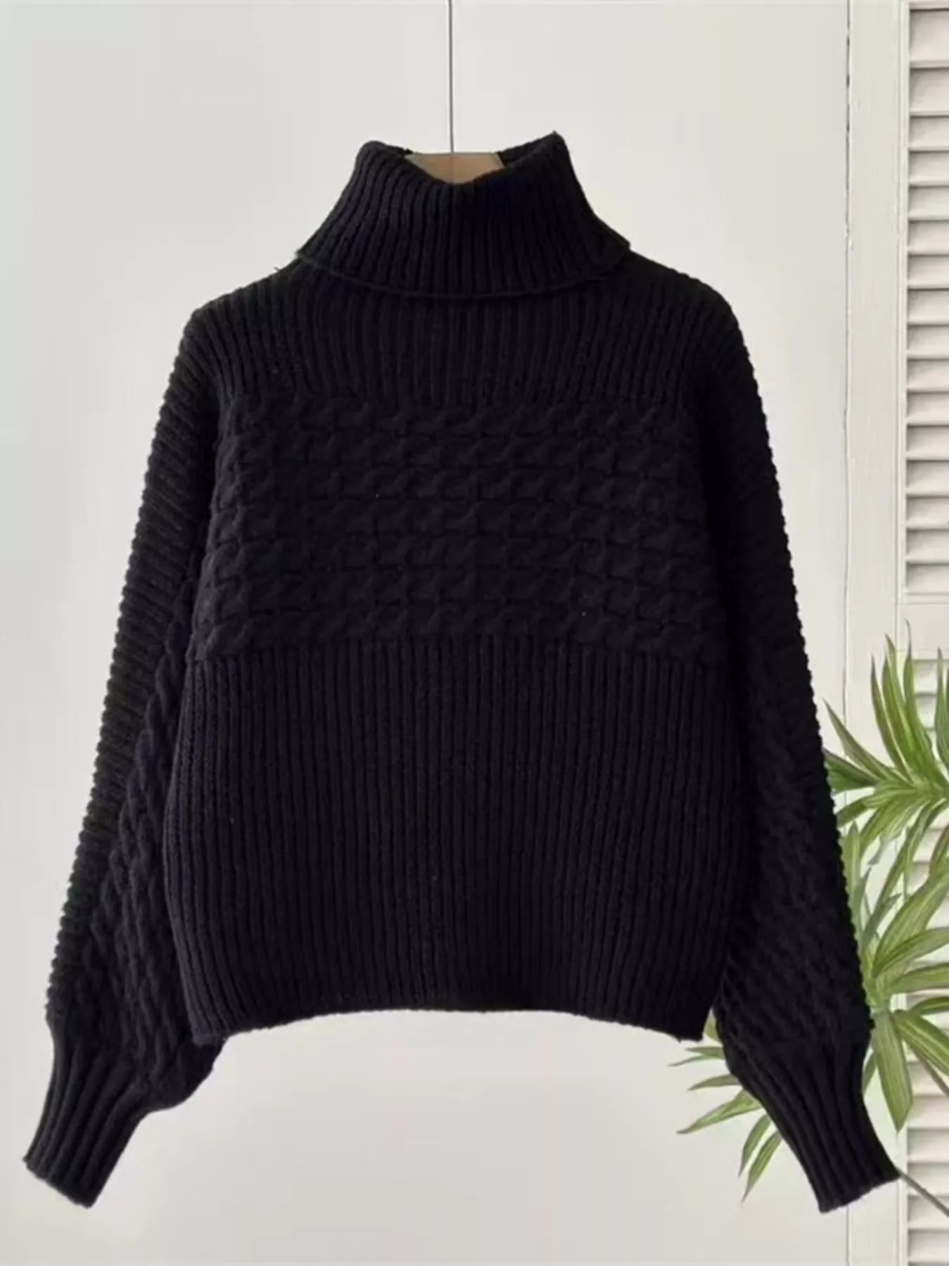 Textured Knit Turtleneck Long Sleeve Sweater