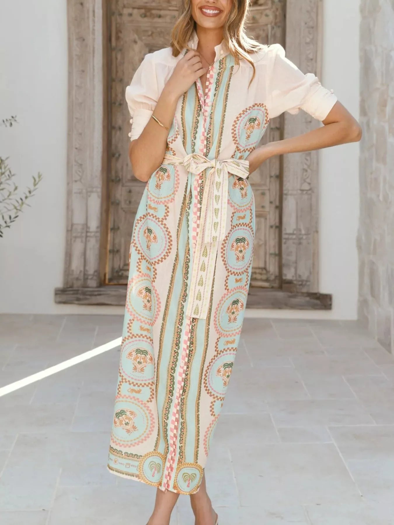 Printed Puff Sleeve Tie Waist Midi Dress