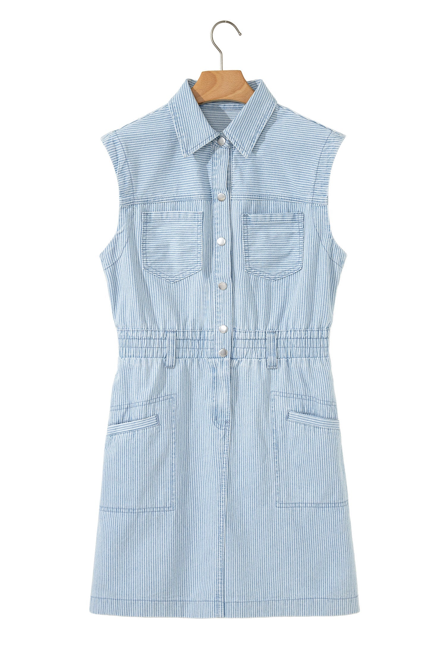 Stripe Denim Collared Button-Front Sleeveless Dress