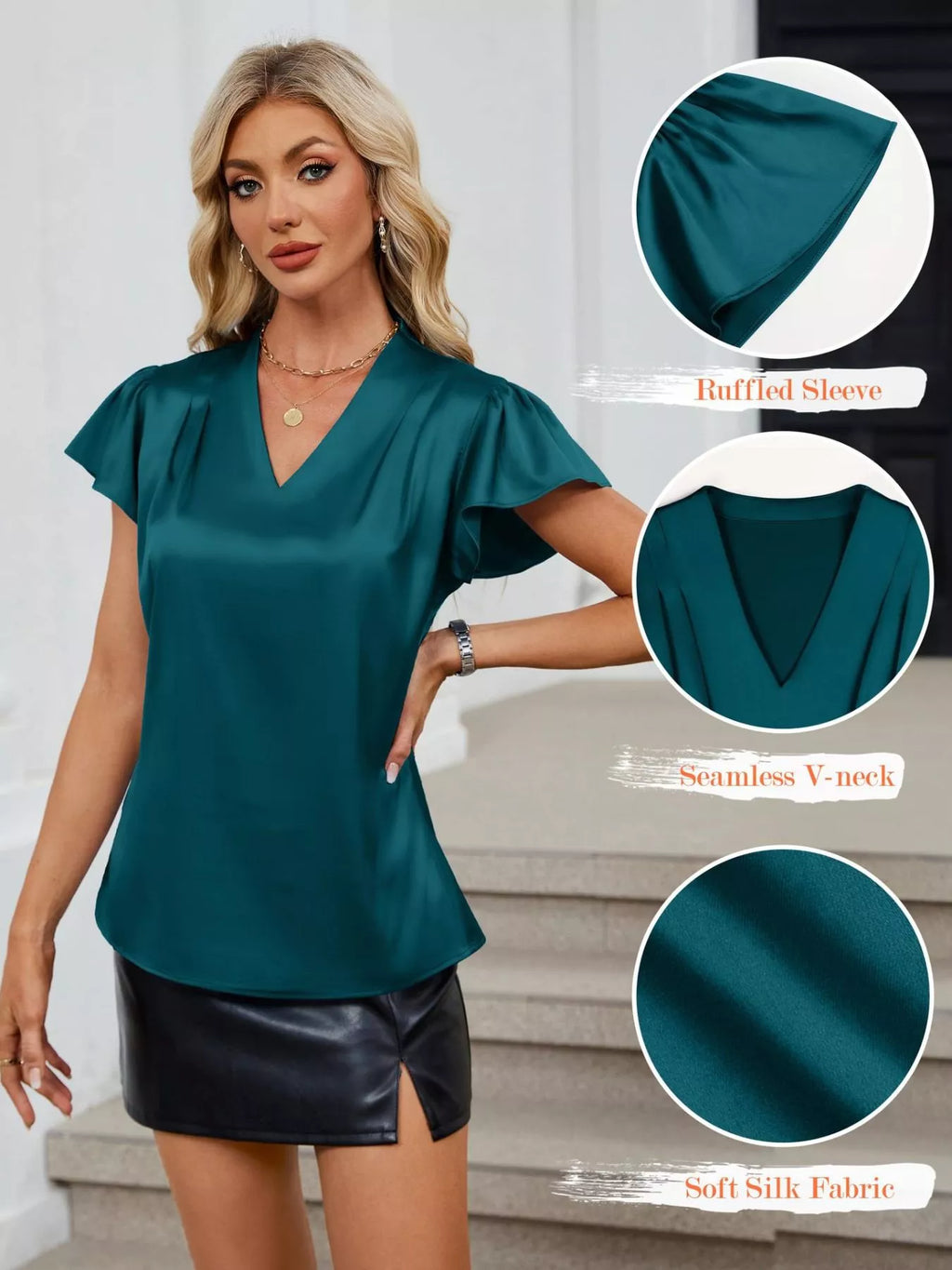 Satin V-Neck Flutter Sleeve Blouse