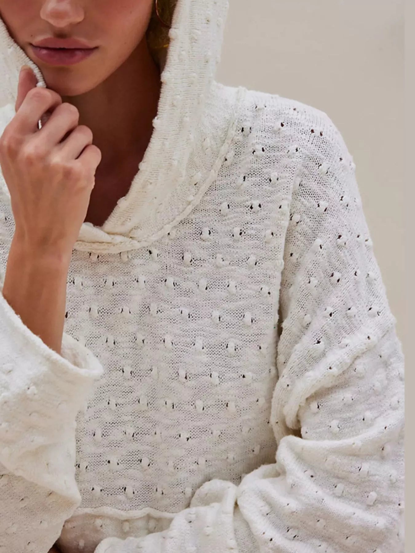 Textured Dot Knit Long Sleeve Hooded Sweater