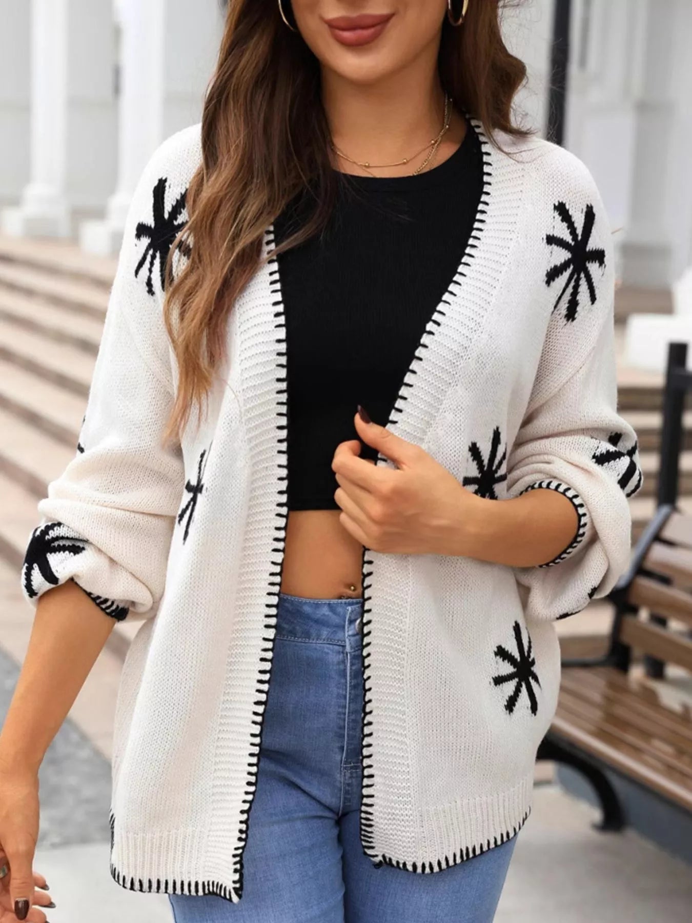 Flower Pattern Open Front Knit Cardigan