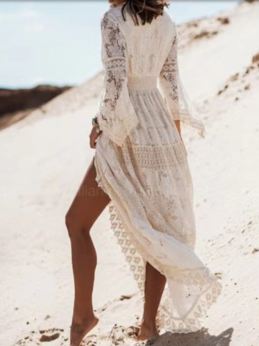 Bohemian Lace Maxi Dress with Bell Sleeves