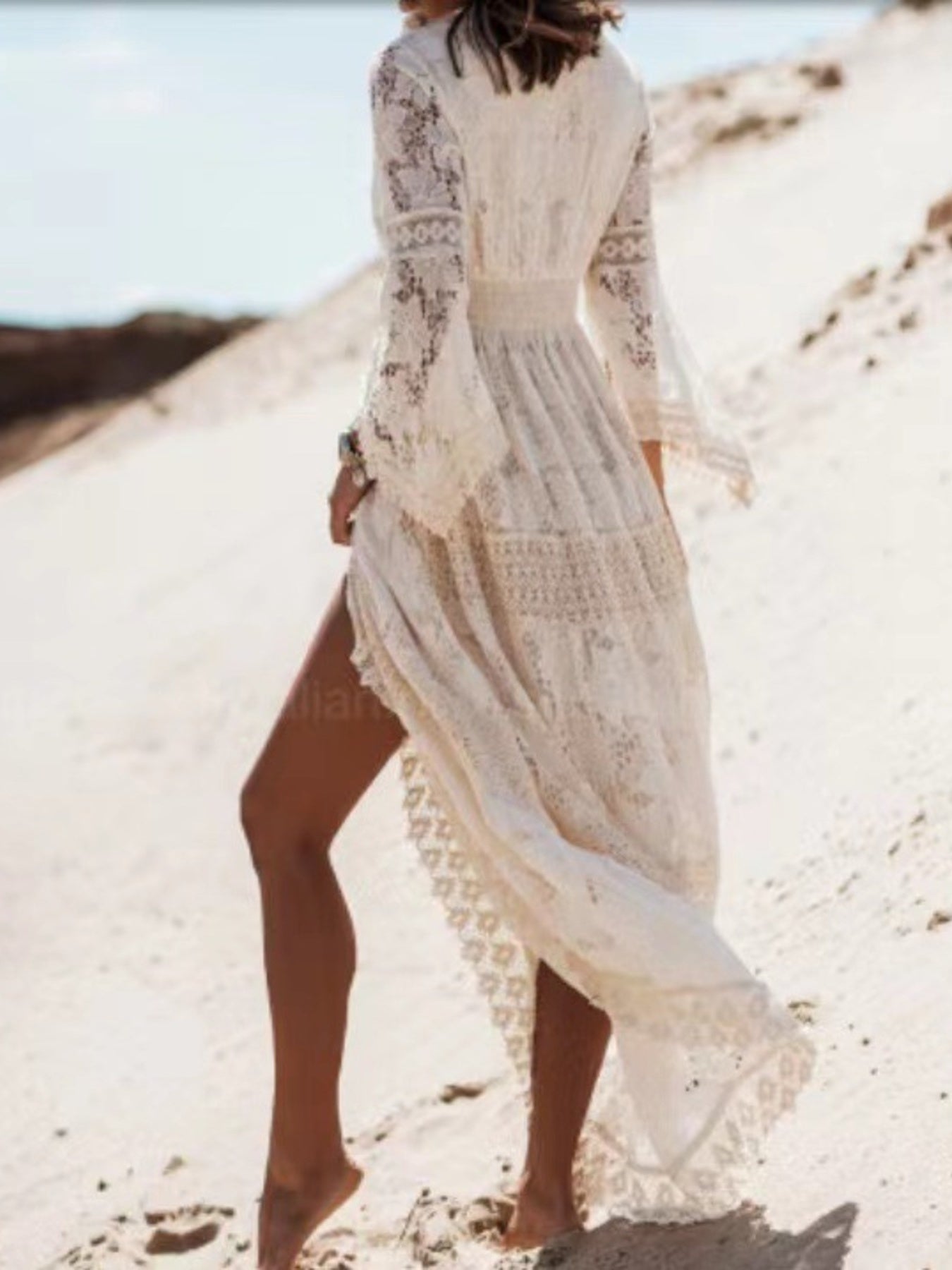 Bohemian Lace Maxi Dress with Bell Sleeves