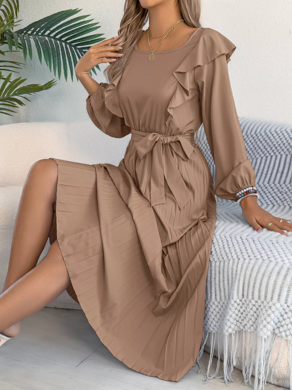 Ruffle Trim Pleated A-Line Midi Dress