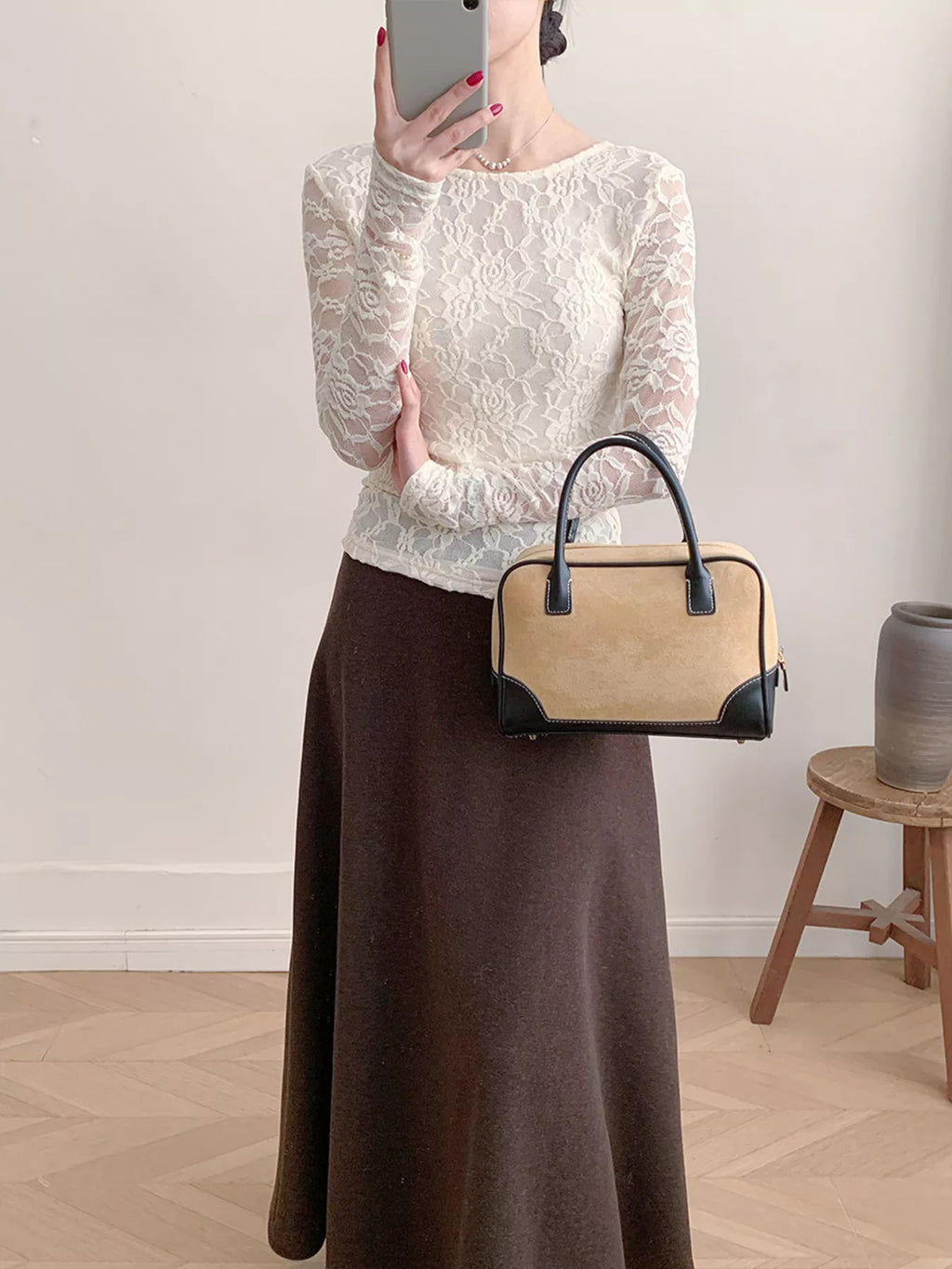 Lace Round Neck Long Sleeve Top