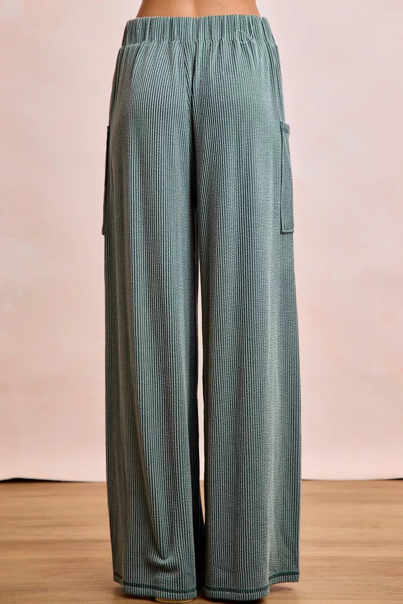 BiBi Two Tone Cord Rib Contrast Stitching V-Neck Top and Pants Set
