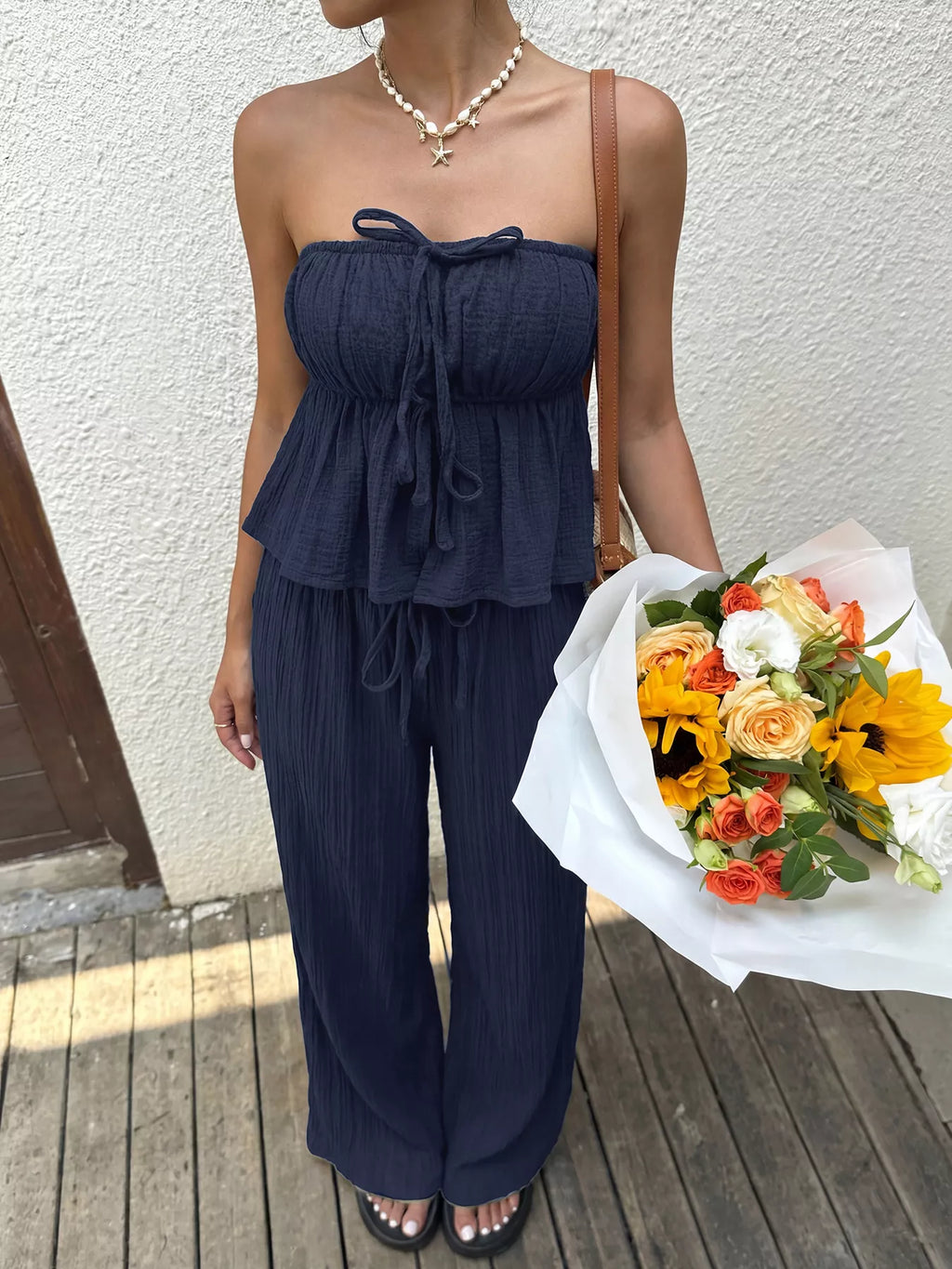 Textured Tube Top & Wide Leg Pants Set