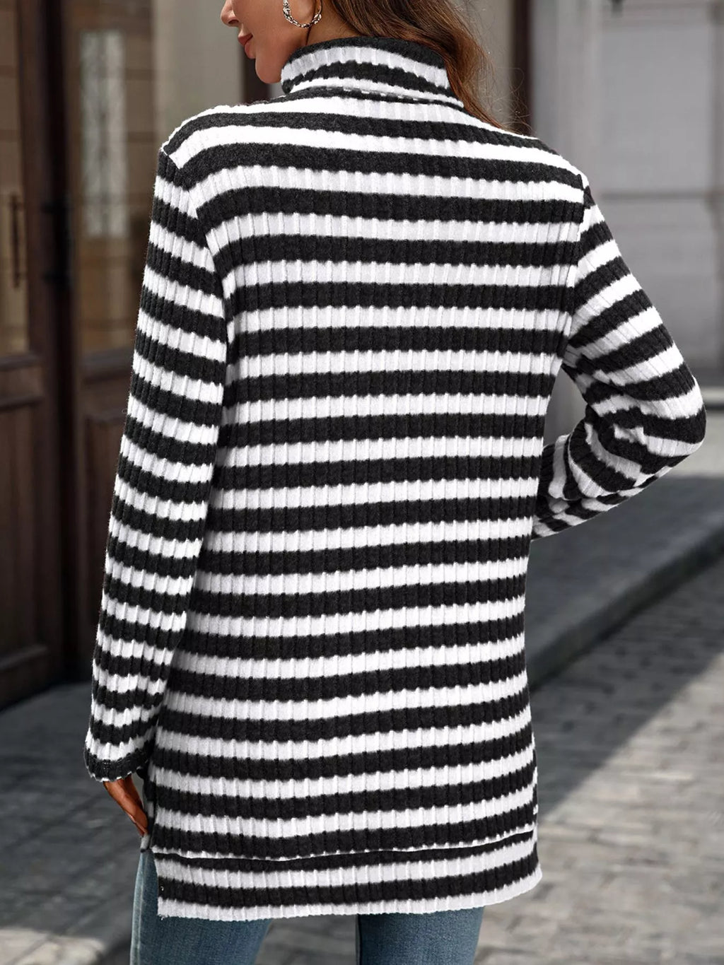 Striped Turtleneck Long Sleeve Knit Top