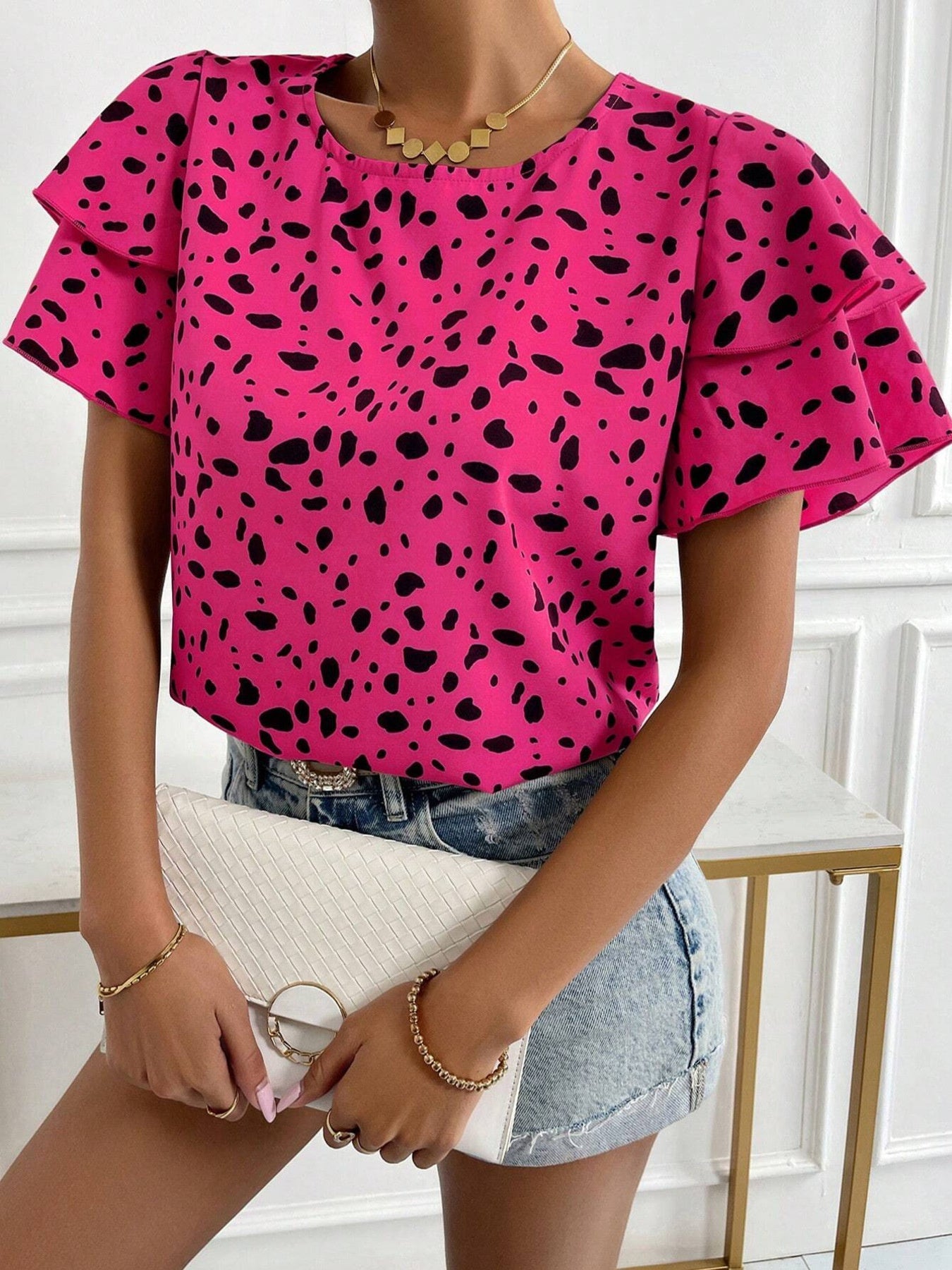 Animal Print Ruffle Sleeve Blouse