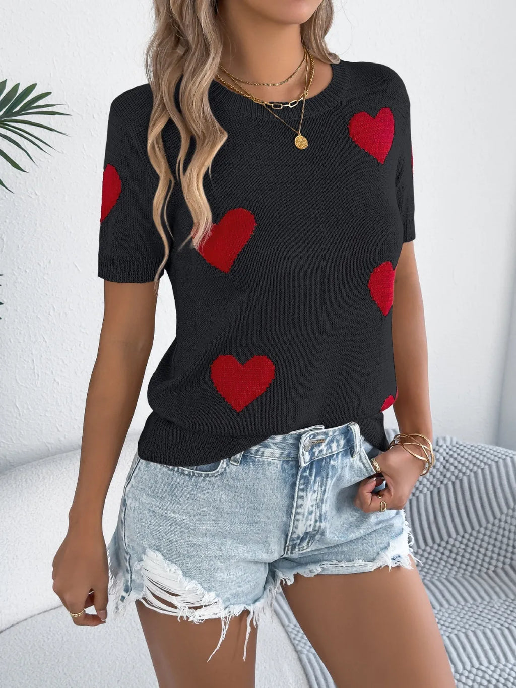 Heart Round Neck Short Sleeve Knit Top