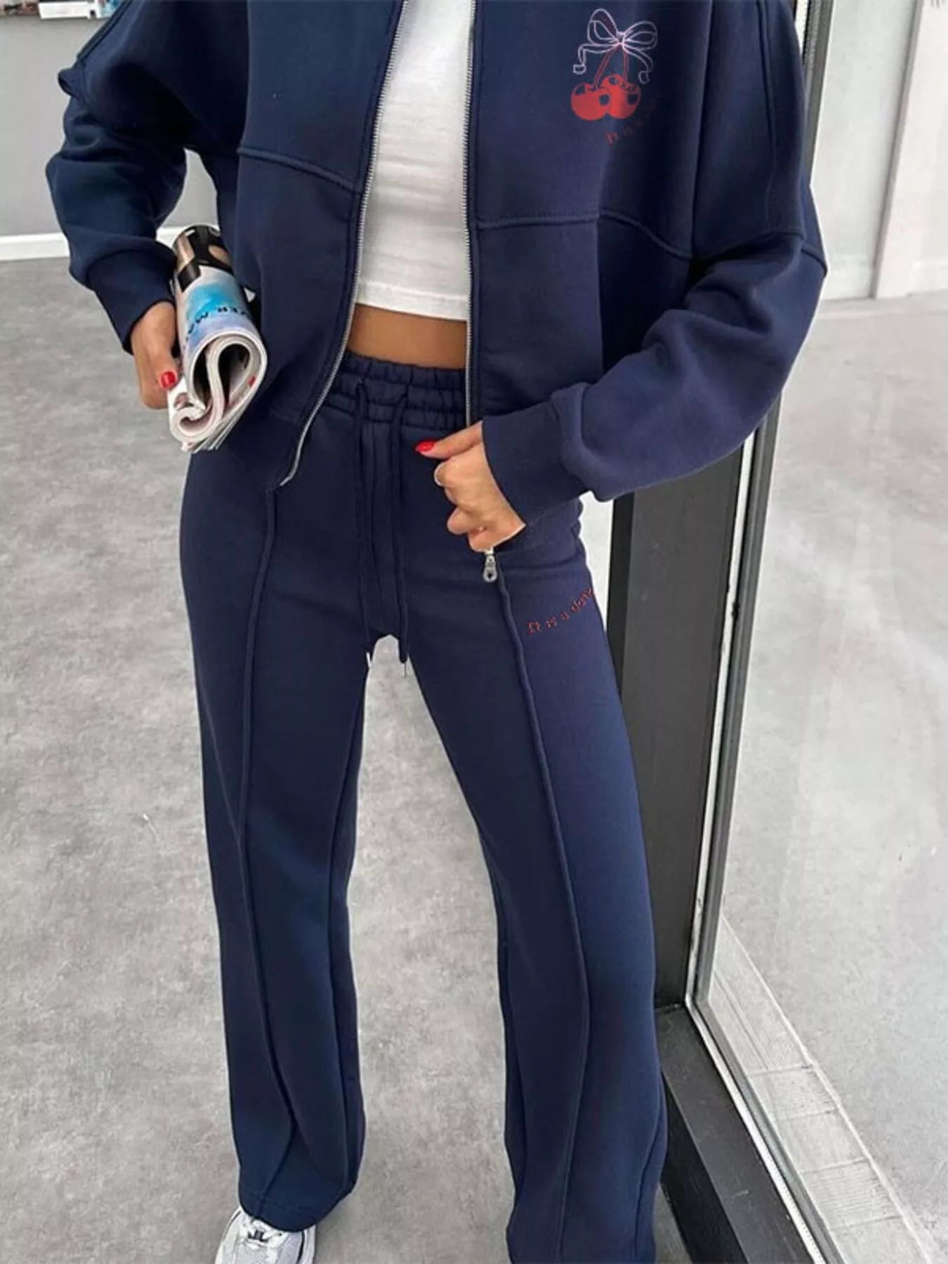 Zip Up Dropped Shoulder Outerwear and Pants Set