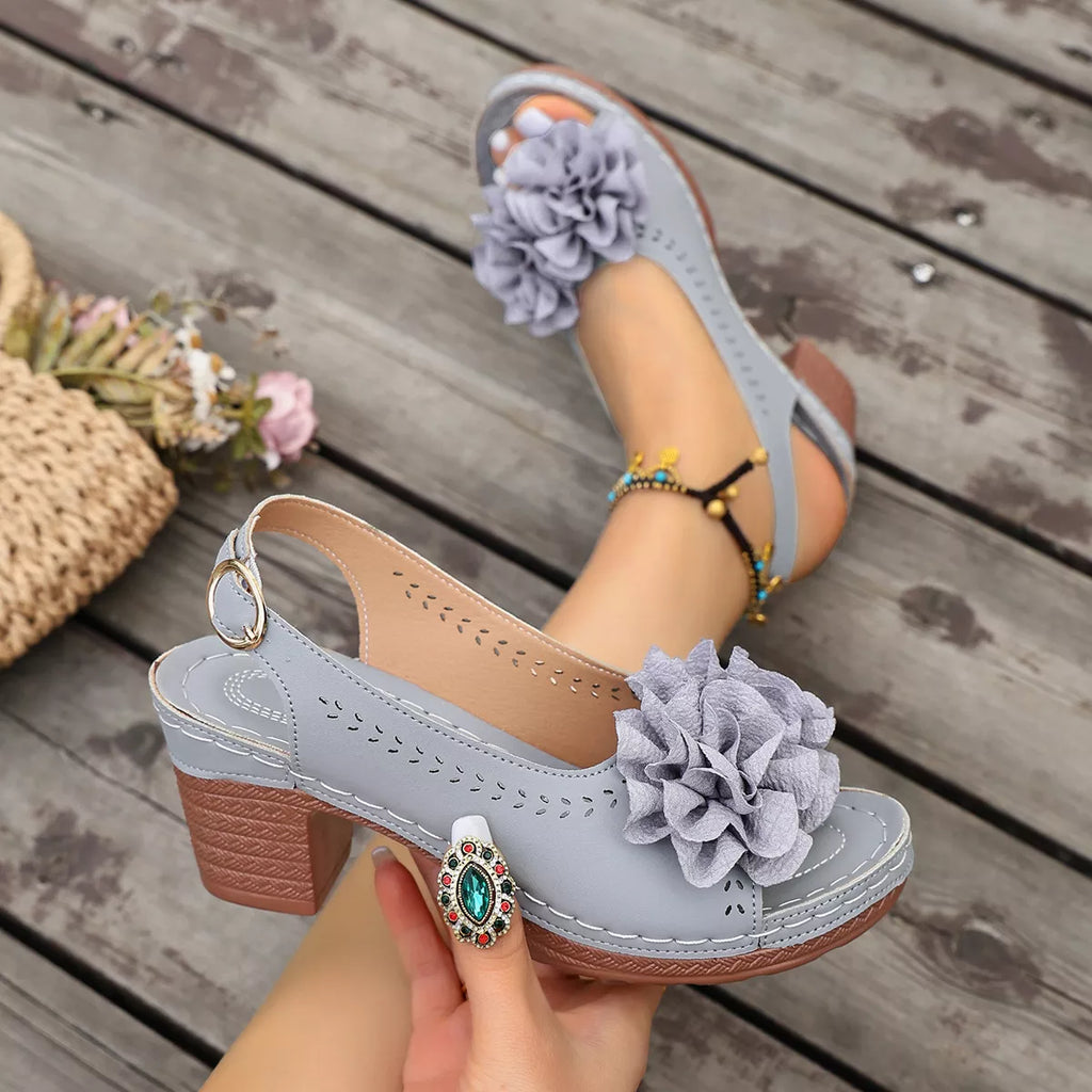Floral Decor Chunky Heel Sandals