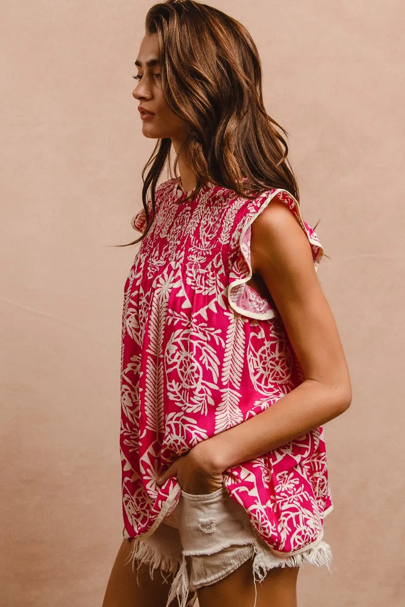BiBi Printed Ruffle Sleeve Top