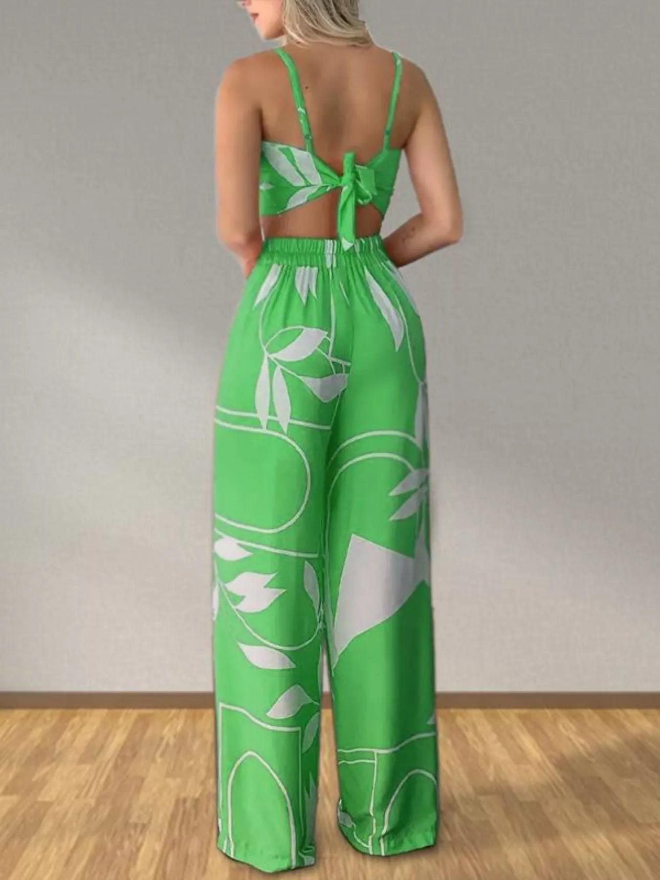 Tropical Print Spaghetti Strap Crop Top and Wide Leg Pants Set