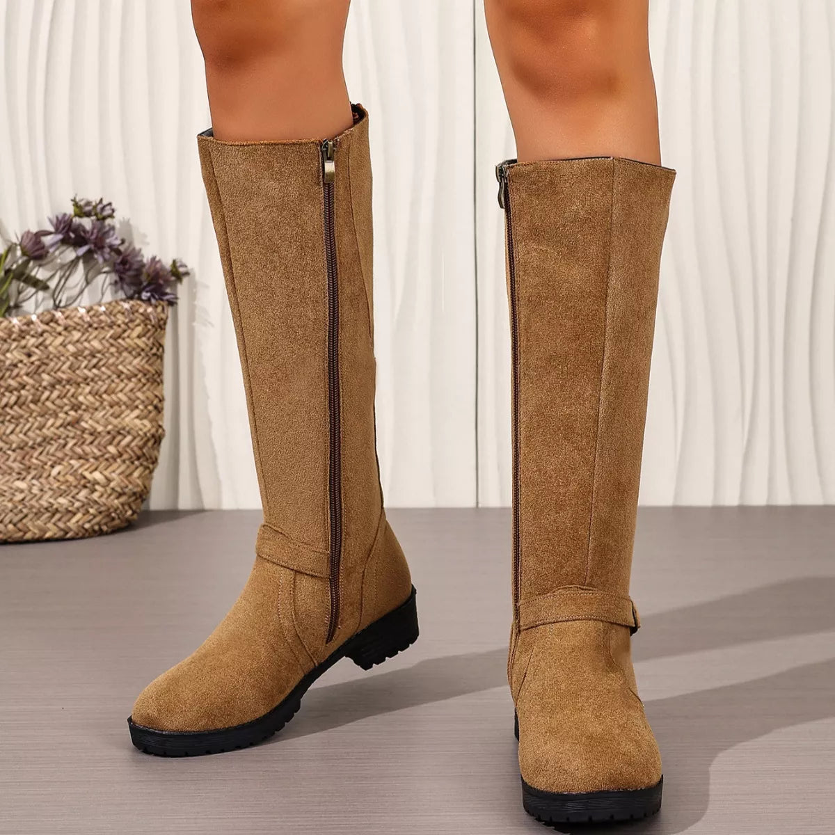 Knee-High Suede Buckle Accent Boots