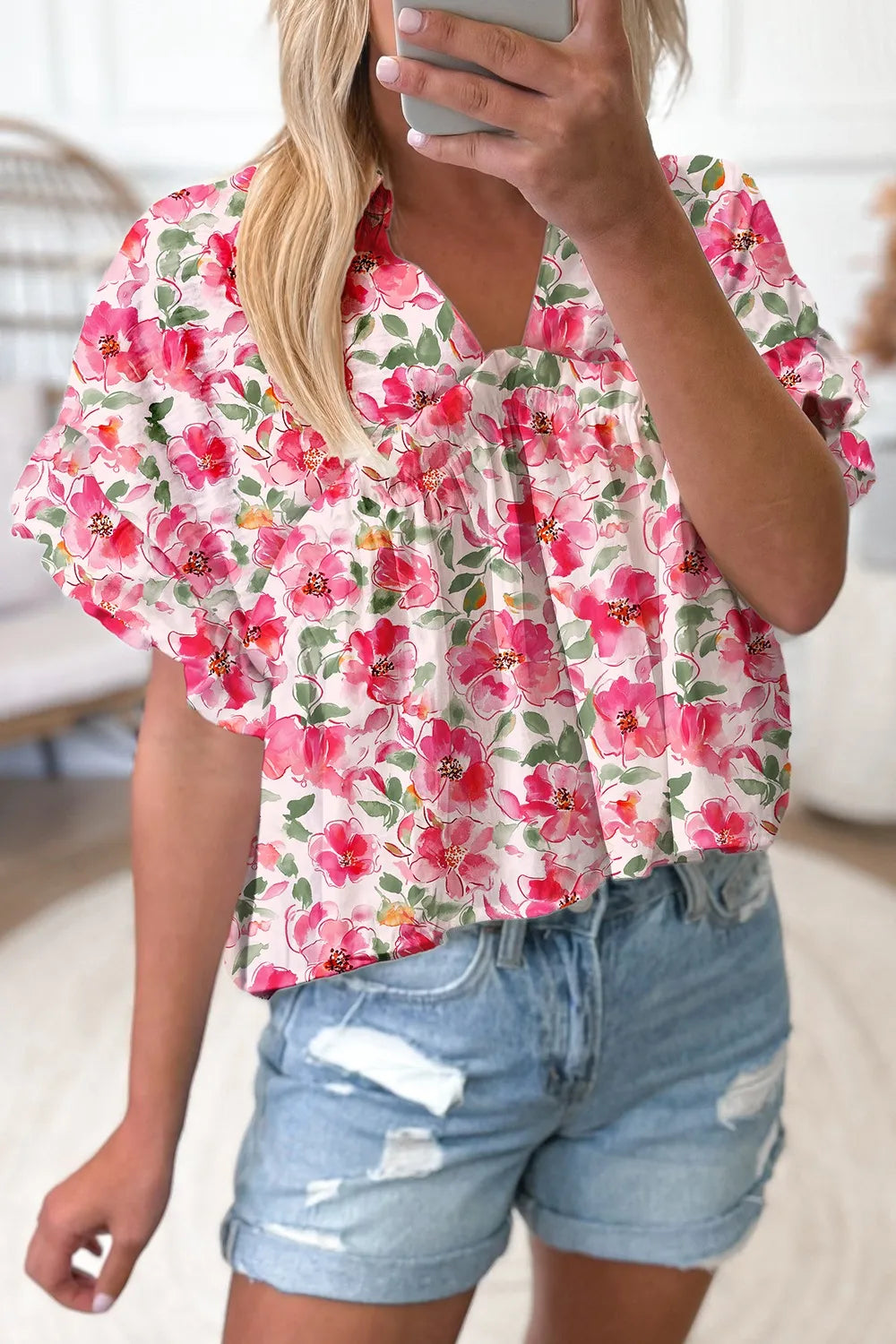 Floral Boxy Fit Ruffled Short Sleeve Blouse