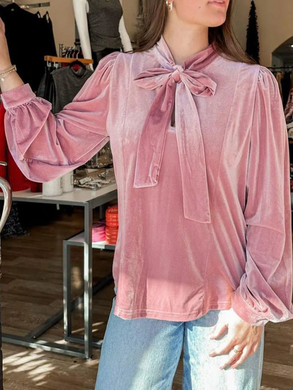 Velvet Tie-Neck Blouse