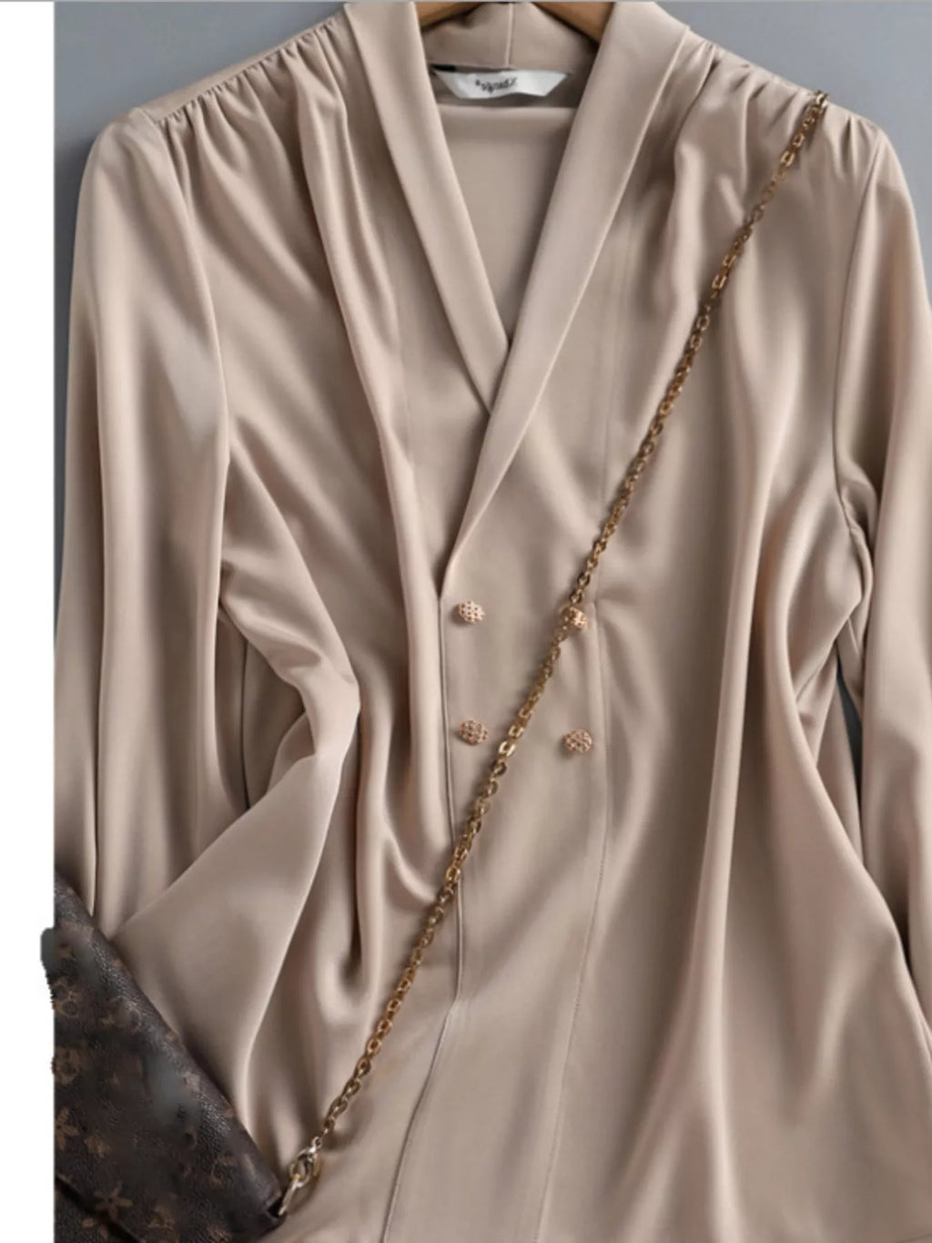 Ruched Front Decorative Button Long Sleeve Blouse