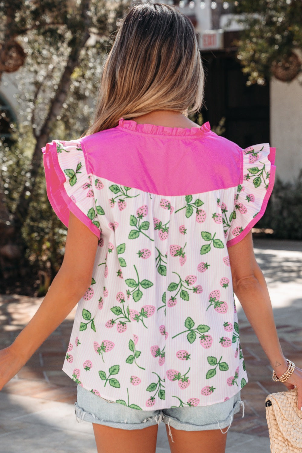 Striped Strawberry Printed Color Block Patchwork V Neck Flutter Sleeve Blouse