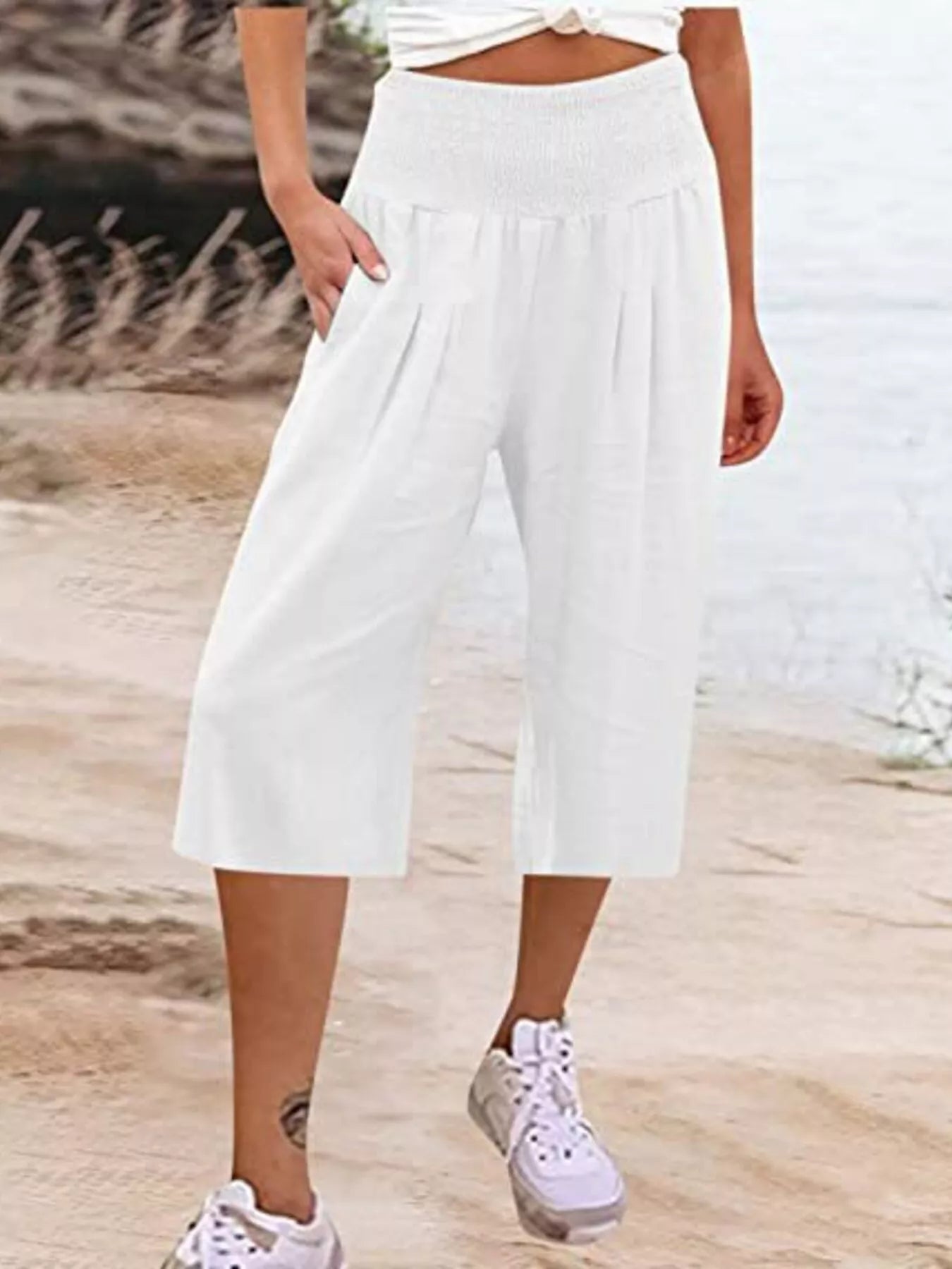 Smocked Wide-Leg Capri Pants
