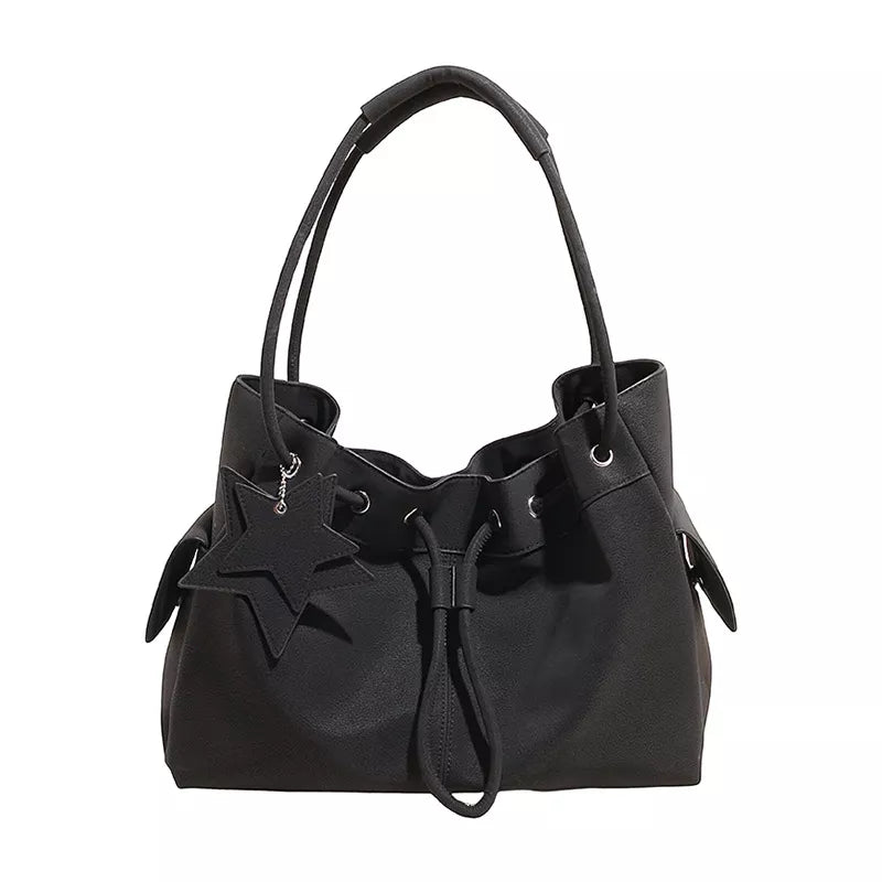 Chic Drawstring Bucket Handbag with Star Charm