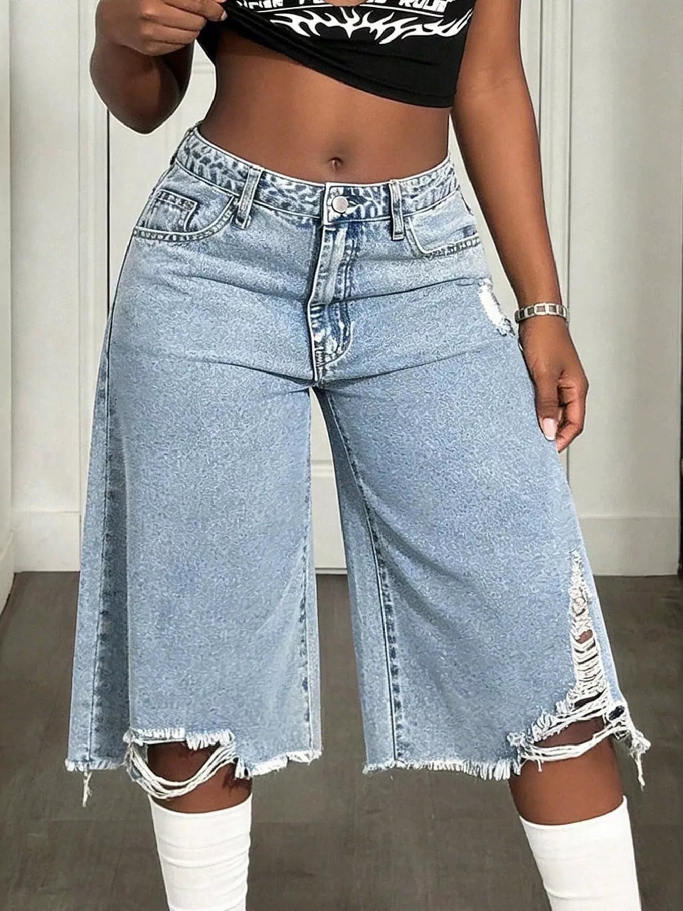 Distressed Wide-Leg Denim Shorts