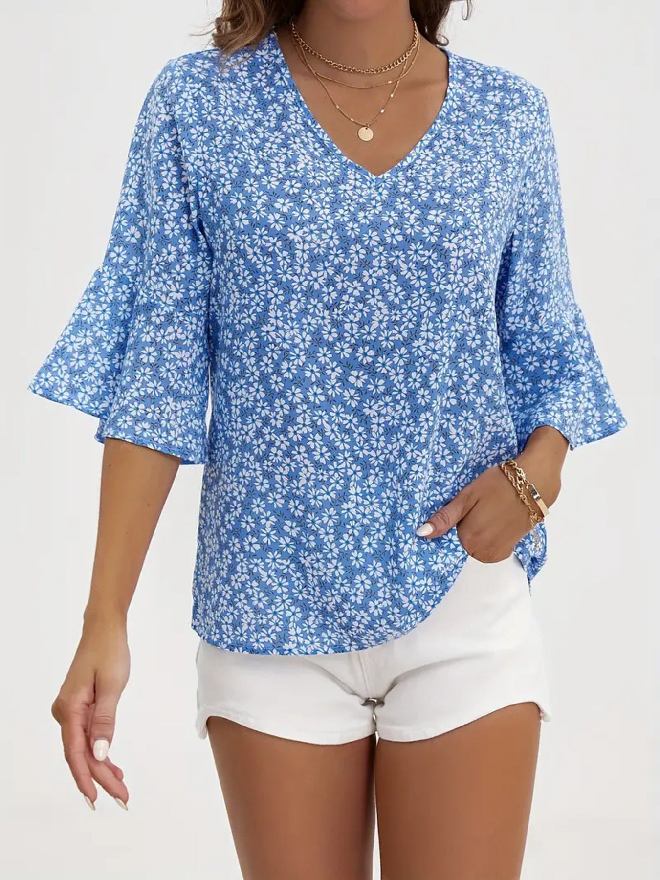 Floral Print V-Neck Bell Sleeve Blouse