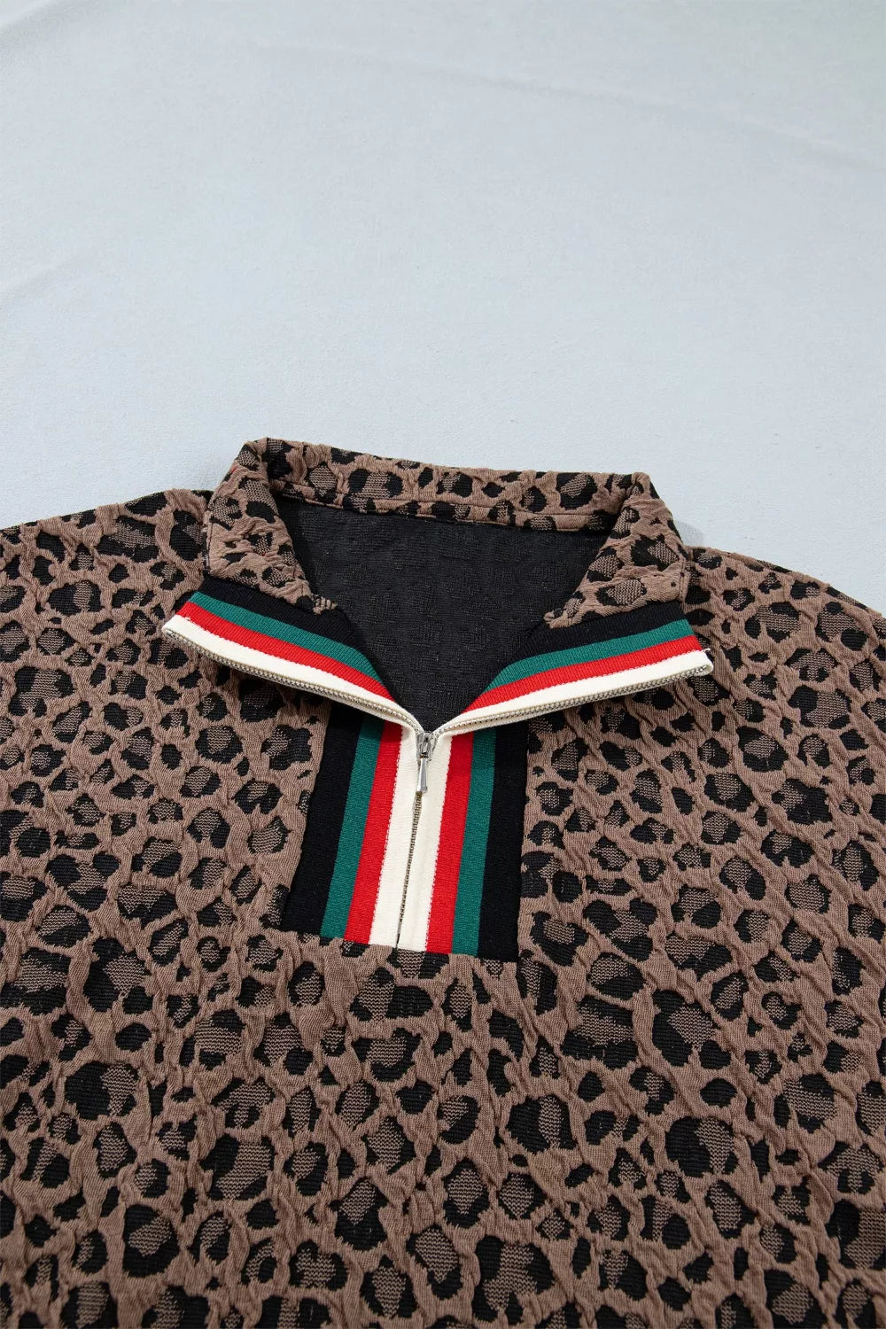 Leopard Jacquard Striped Patchwork Half Zip Short Sleeve Blouse