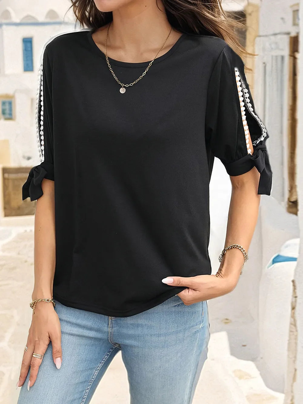 Perfee Round Neck Split Sleeve Blouse