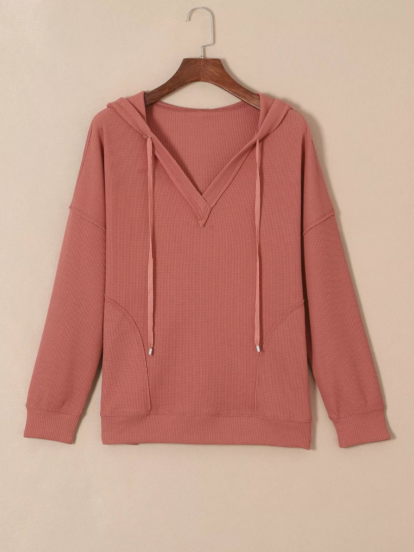 Drawstring V-Neck Waffle Knit Casual Hoodie