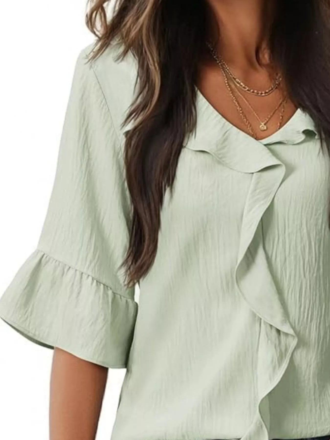 Ruffled V-Neck Bell Sleeve Blouse