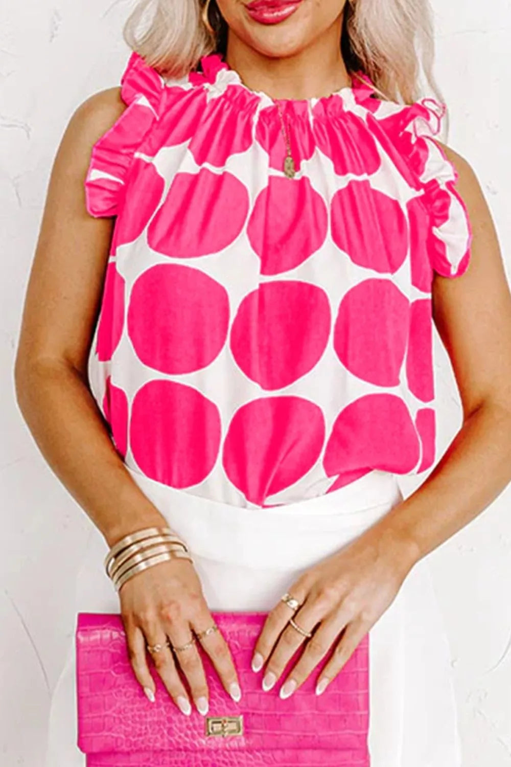 Polka Dot Print Frilled Round Neck Shift Tank Top