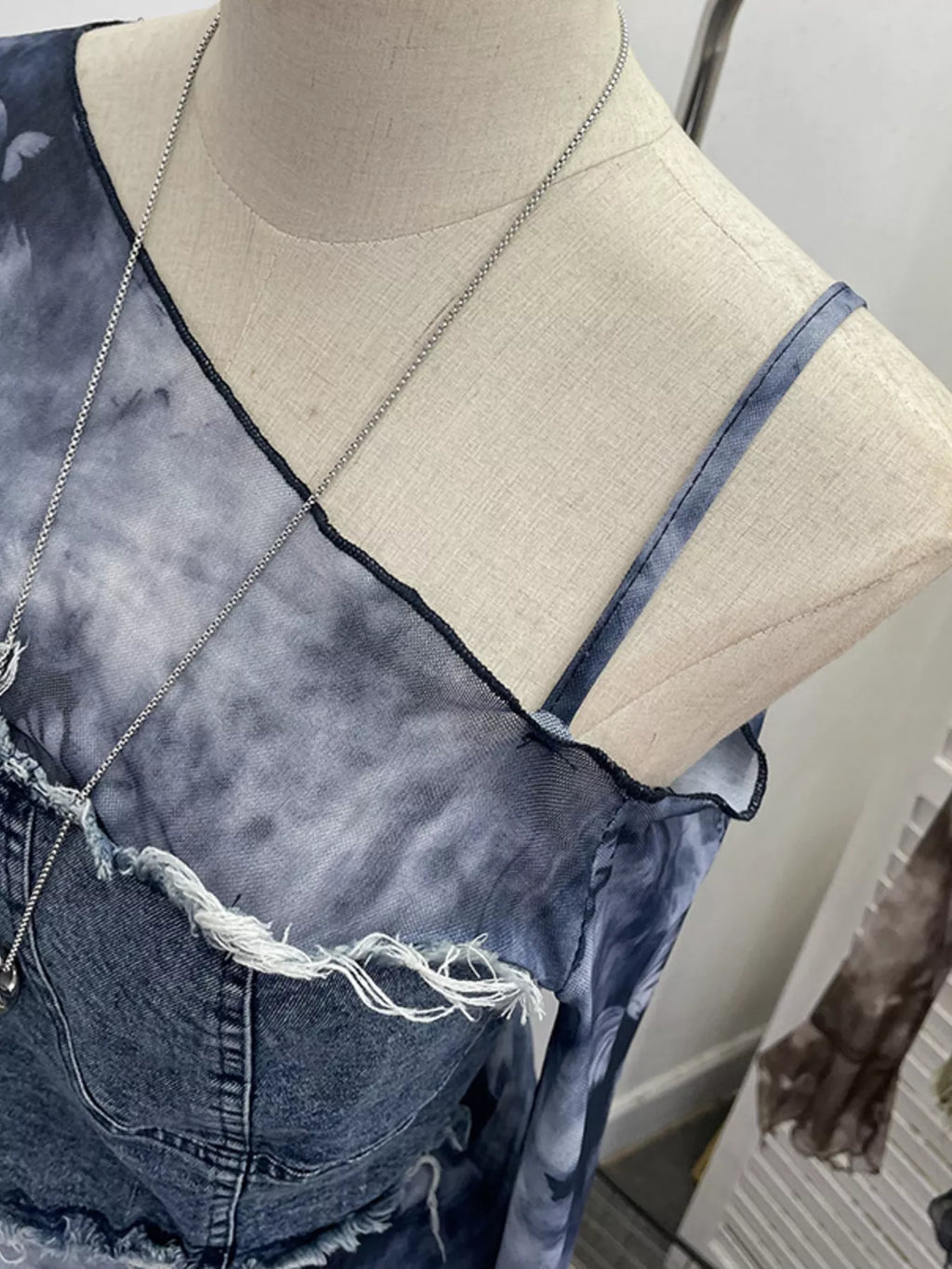 Asymmetrical Neck Denim Patchwork Top