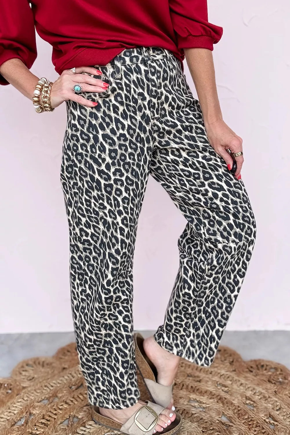 Leopard Print Barrel Jeans