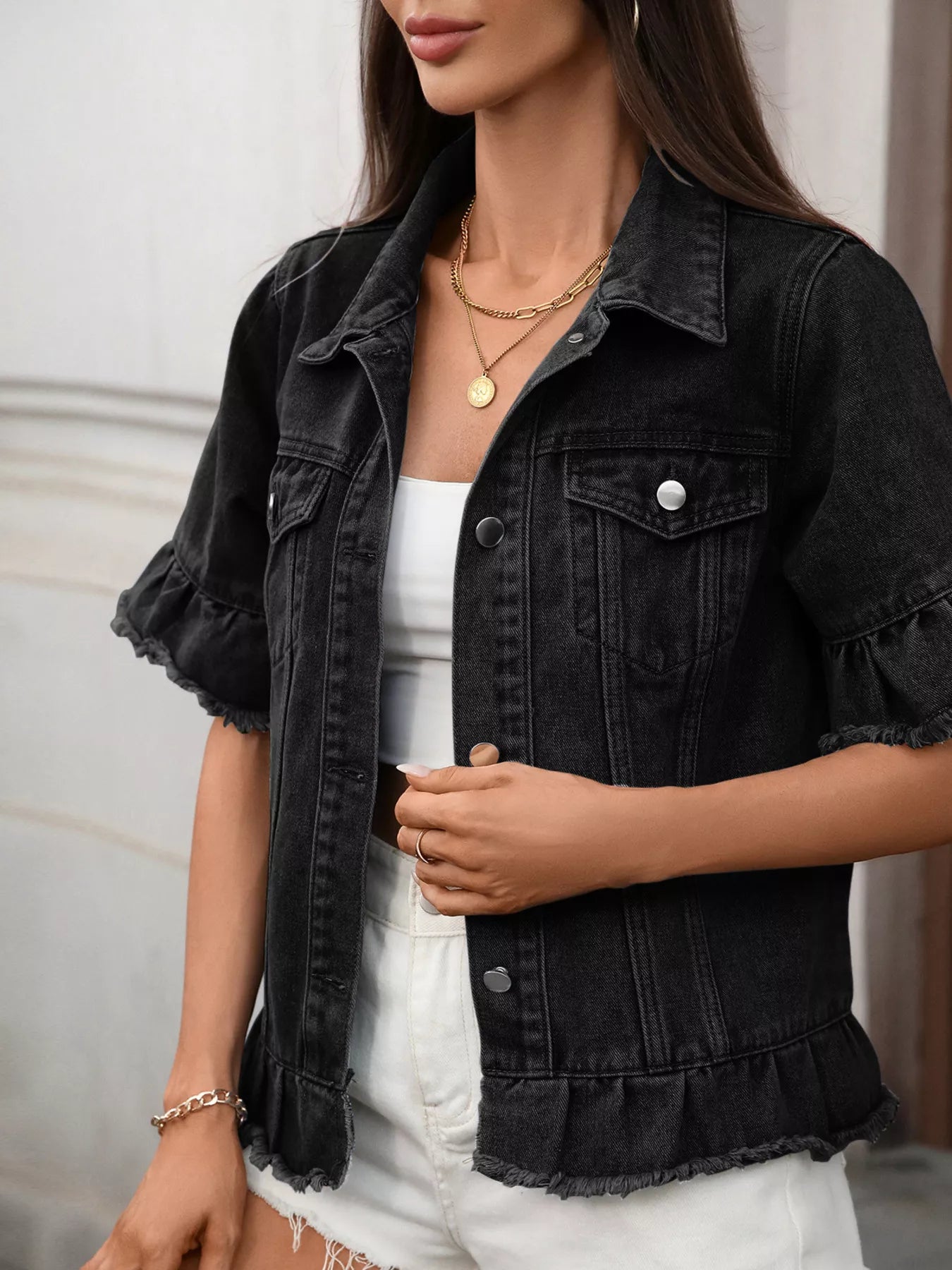 Raw Hem Button Up Denim Jacket