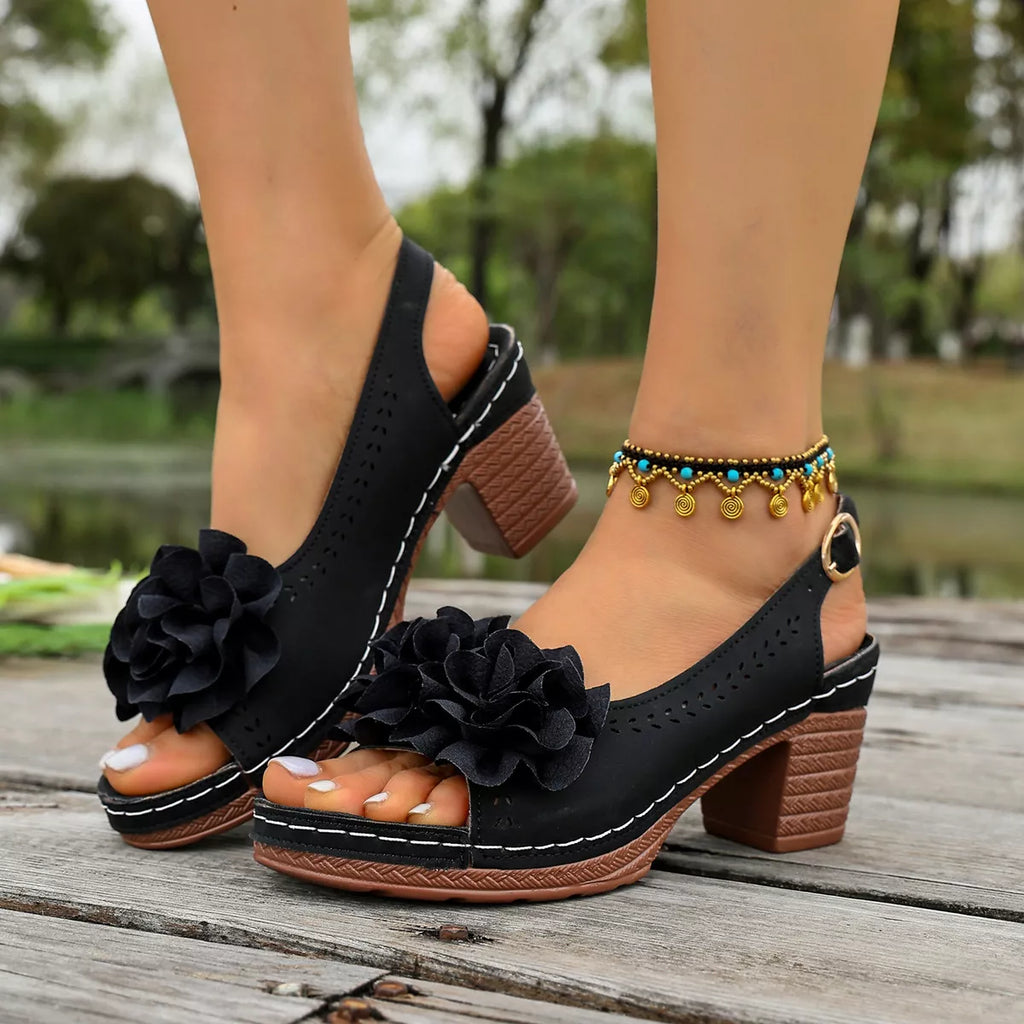 Floral Decor Chunky Heel Sandals