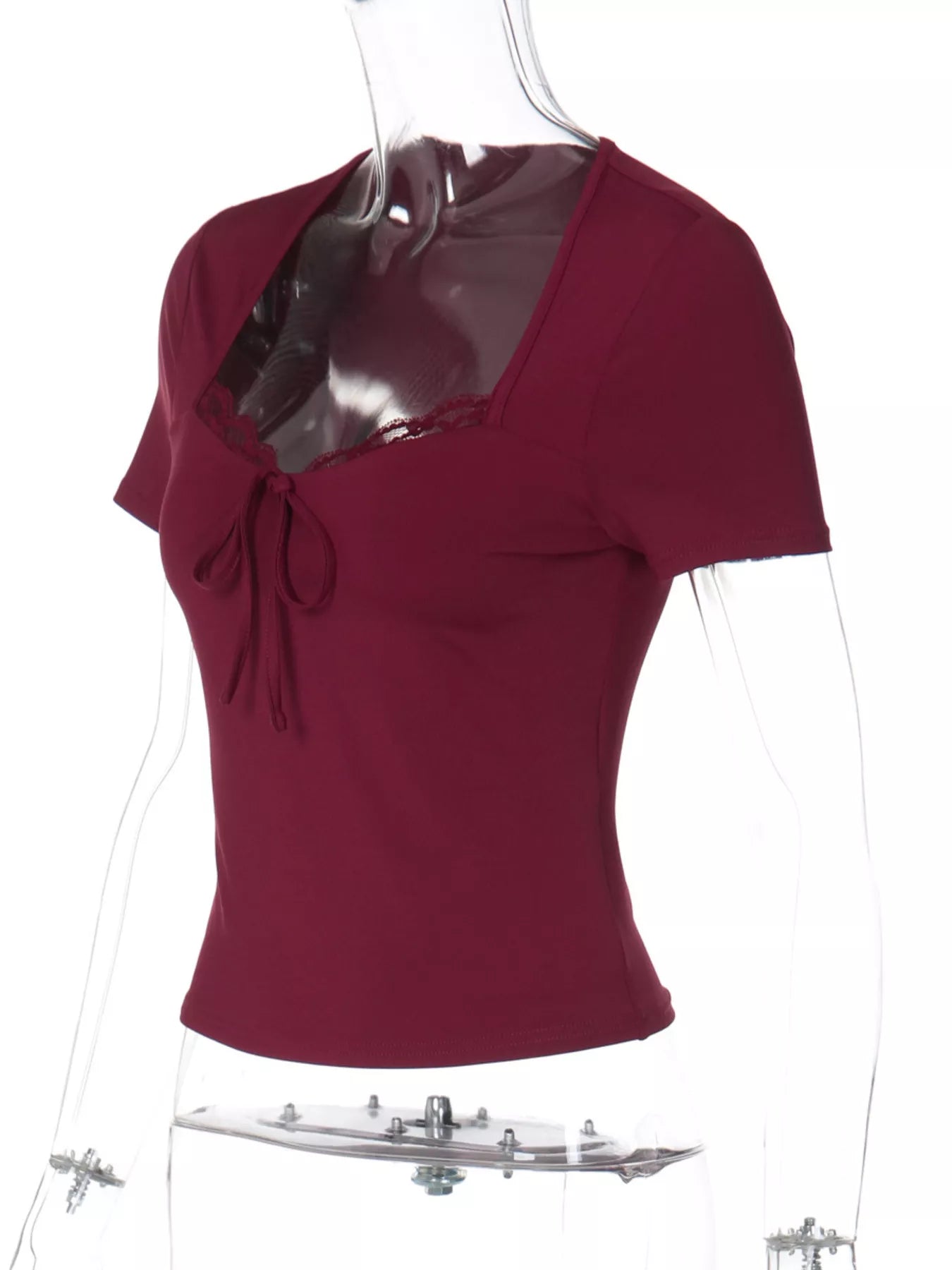Sweetheart Neck Lace Trim Tie-Front T-Shirt