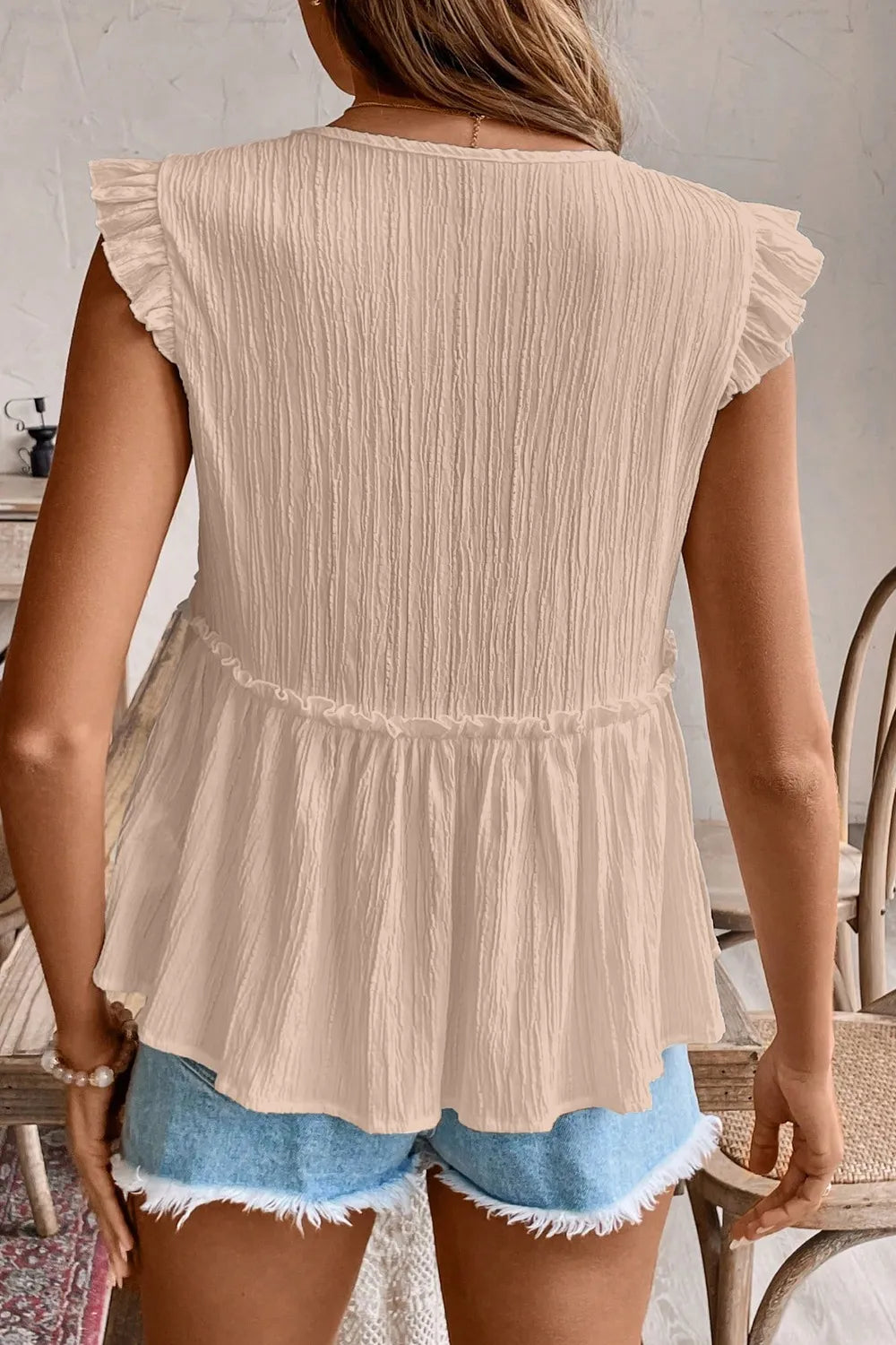Ruffled Trim V Neck Flutter Flowy Top