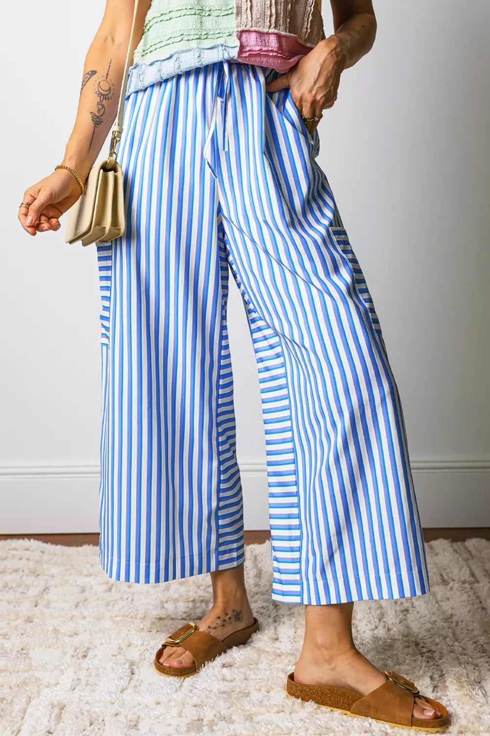 Stripe Drawstring Elastic Waist Patch Pocket Wide Leg Ankle-length Pants
