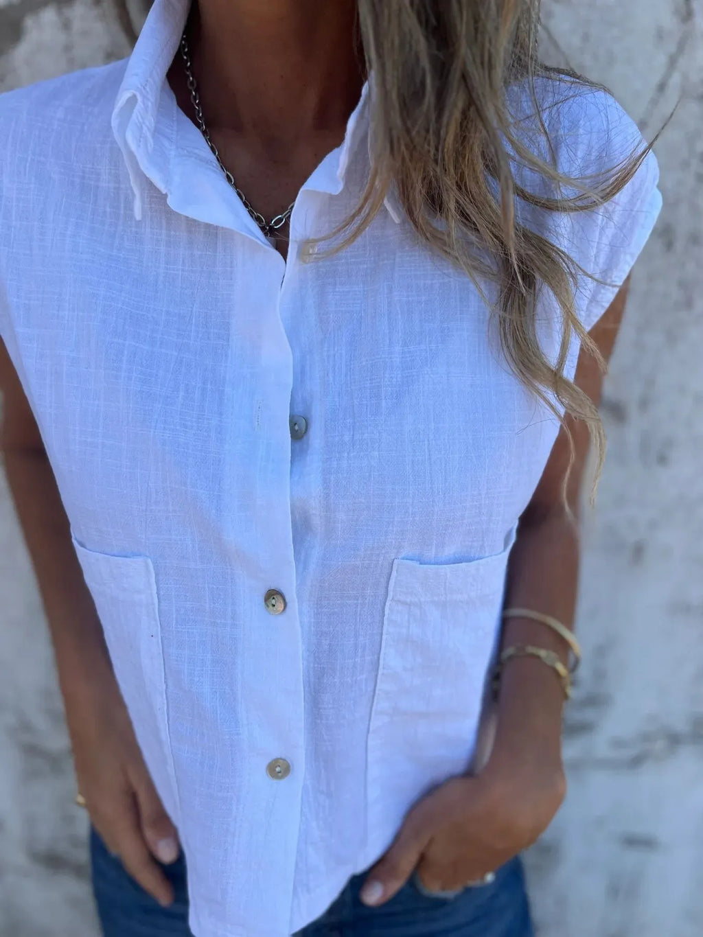 Full Size Textured Button-Front Sleeveless Shirt Plus Size