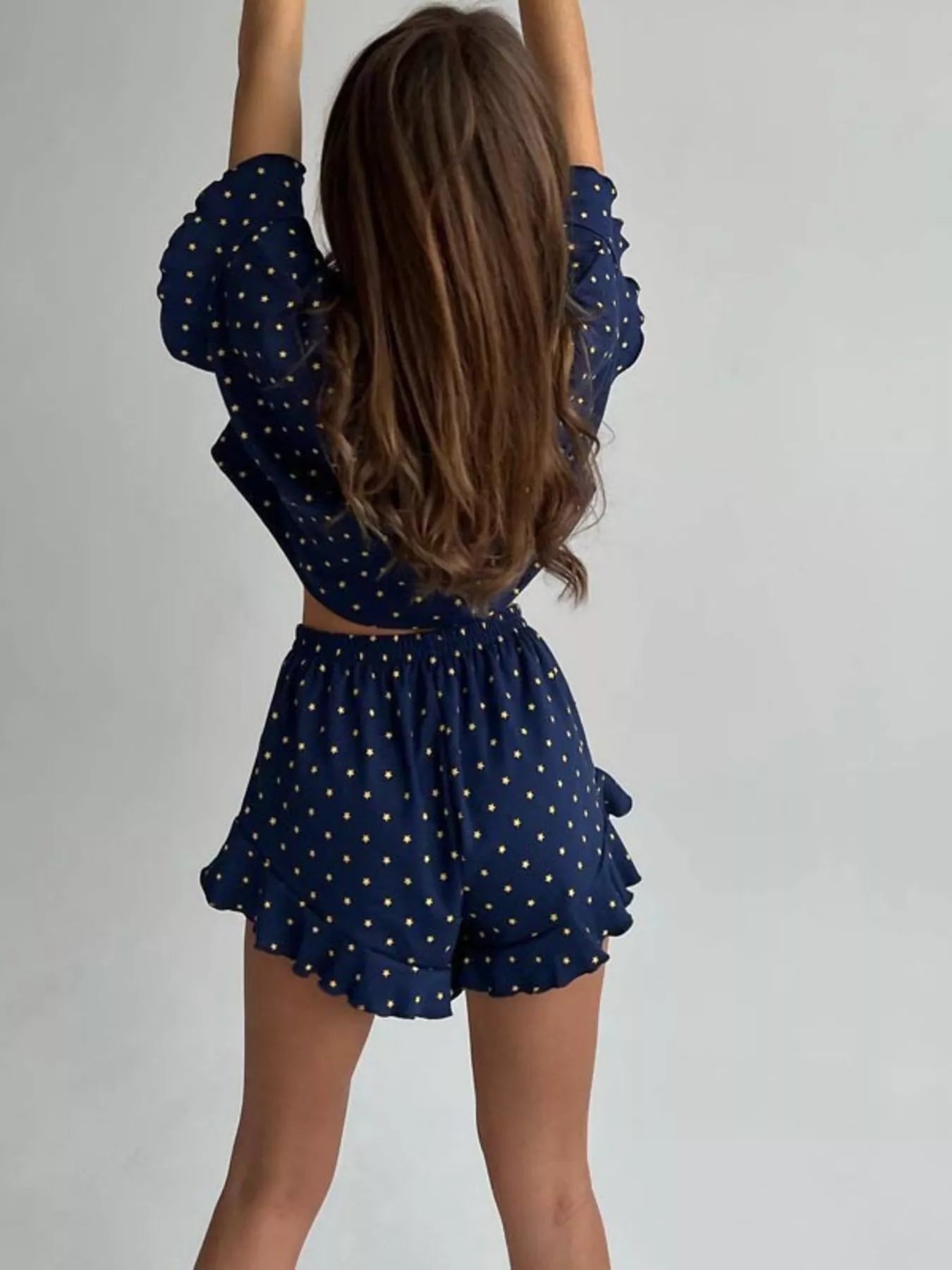 Printed Crop Top and Ruffled Shorts Lounge Set