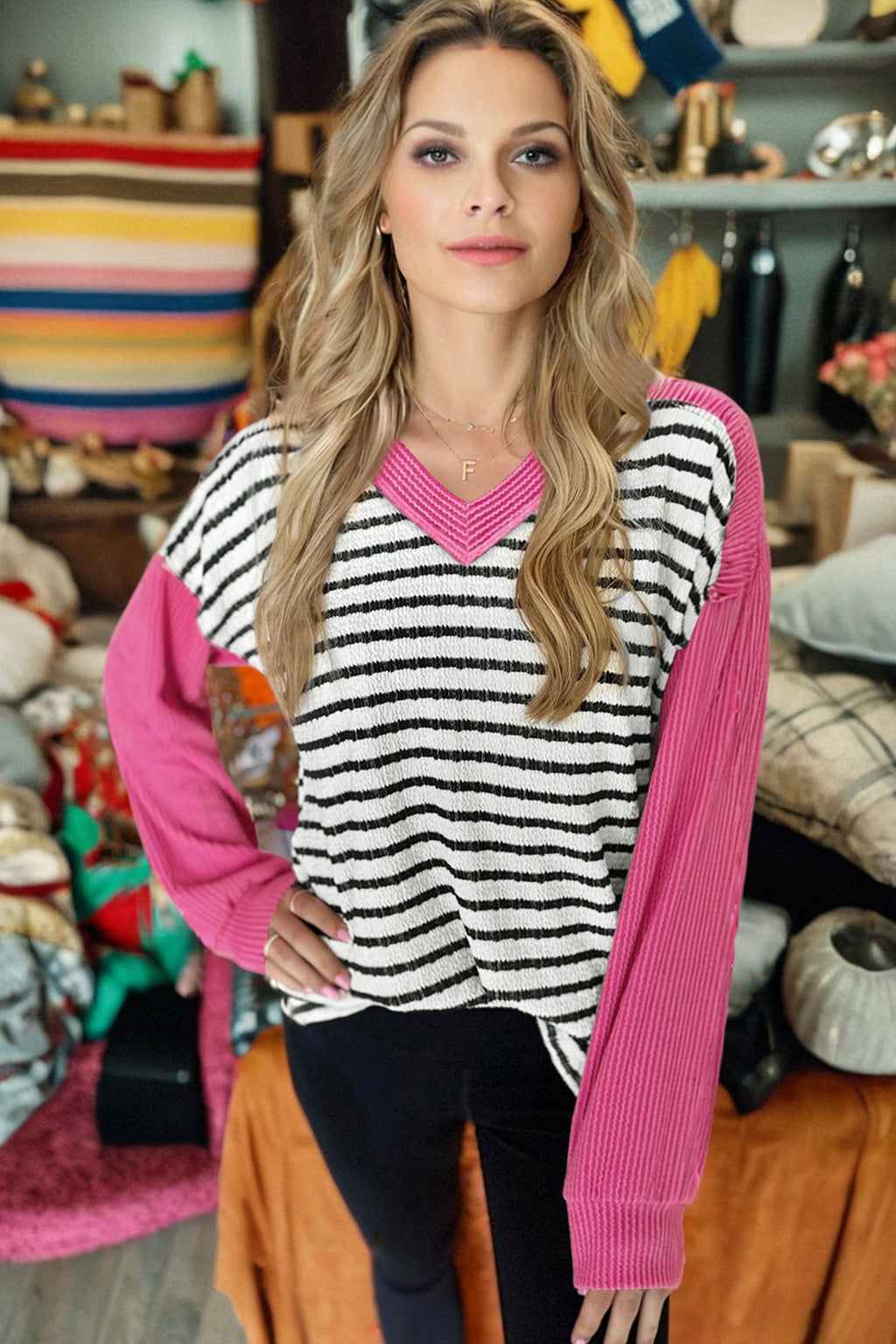 Stripe V-Neck Corded Knit Long Sleeve Top