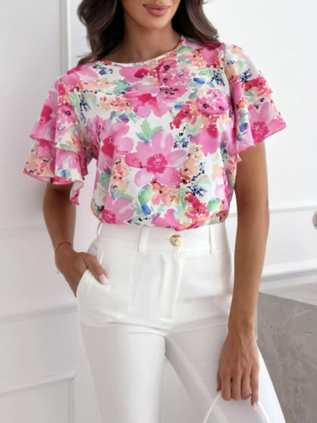 Floral Print Ruffle Sleeve Blouse