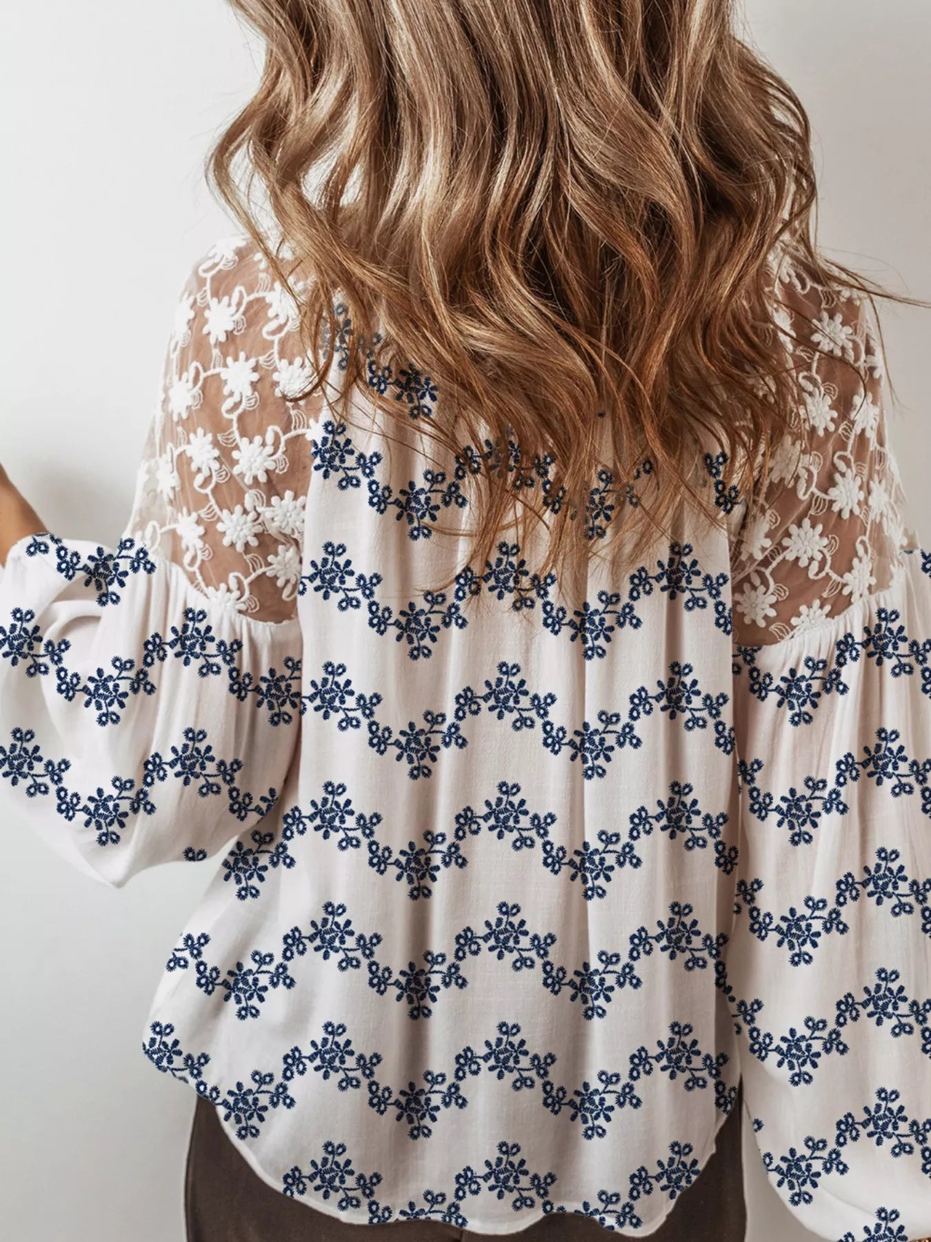 Printed Tie Neck Lace Long Sleeve Blouse