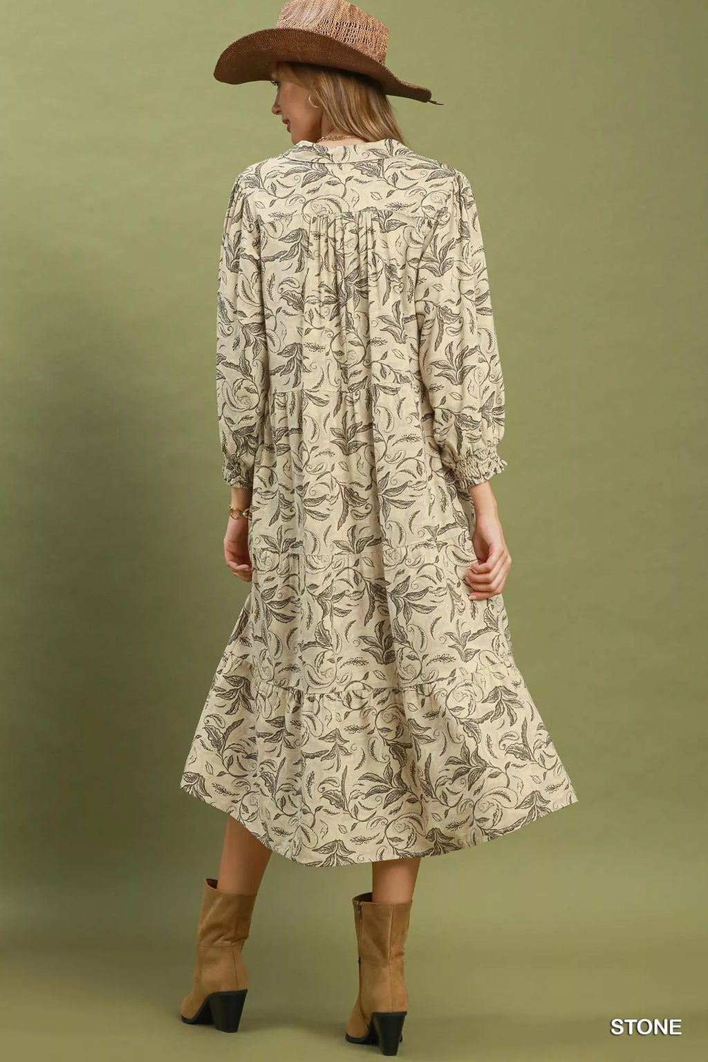 Umgee Linen Botanical Print Tiered Midi Dress