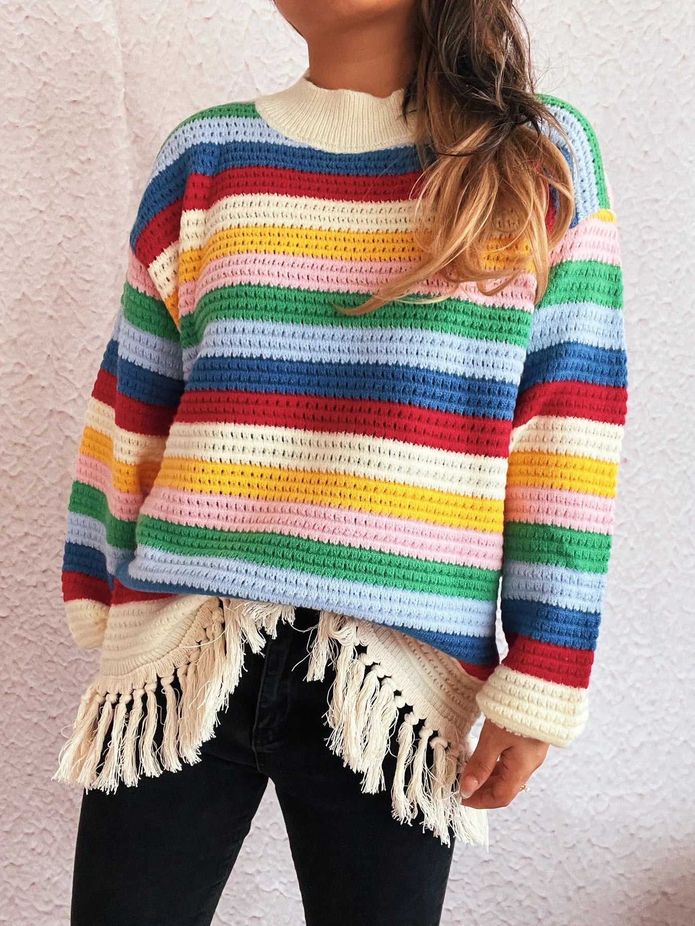 Tassel Rainbow Striped Long Sleeve Sweater